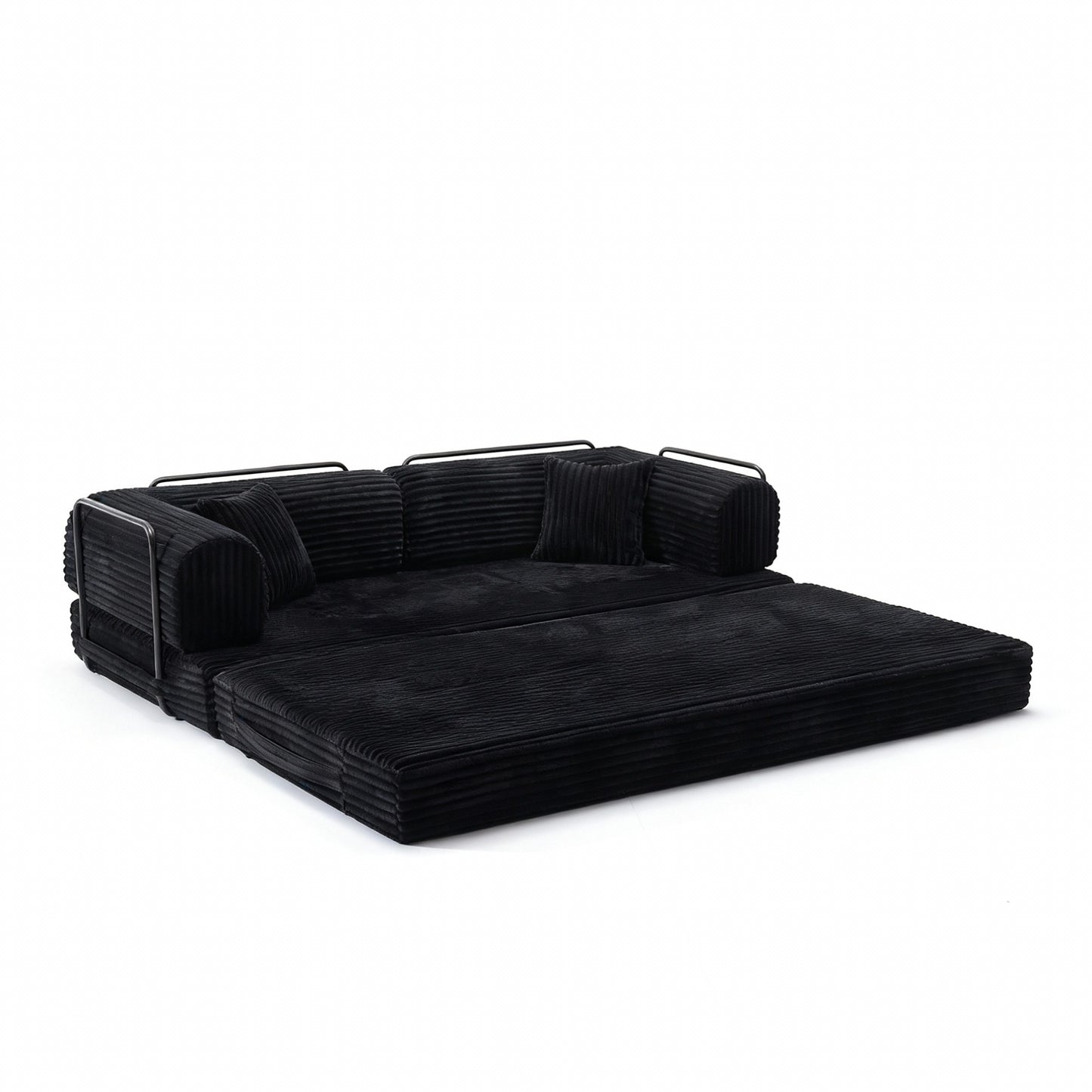 Black corduroy sofa bed opened into bed mode, three foam layers unfolded — Black