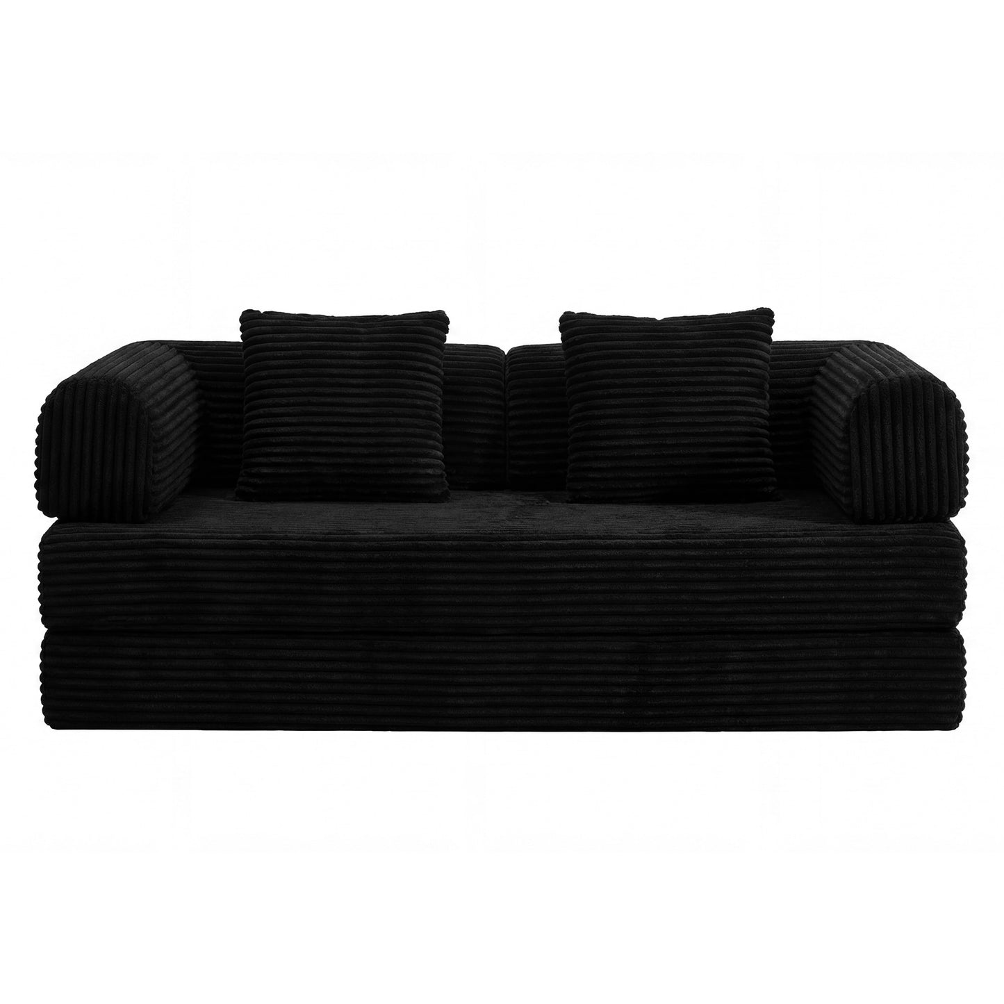 Black corduroy boneless sofa bed seen straight on in sofa mode — Black