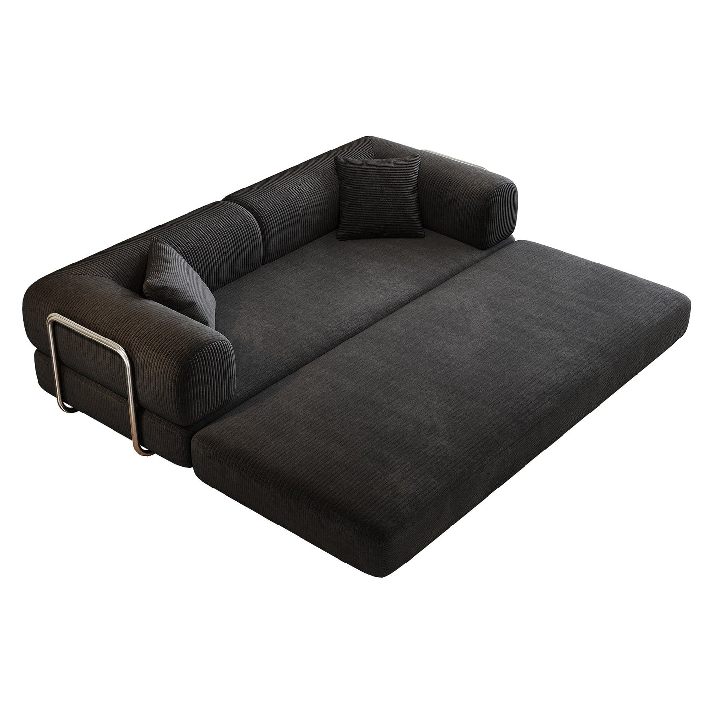Black corduroy boneless sofa bed opened into bed mode, foam layers unfolded — Black