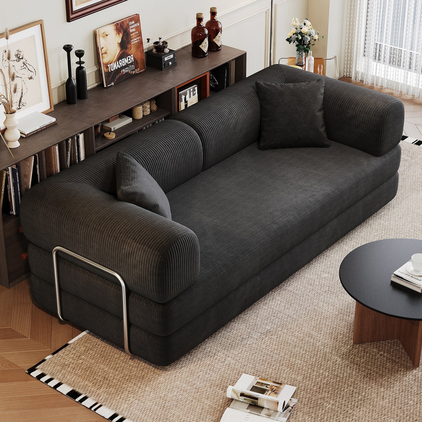 Black corduroy boneless sofa bed, 79-inch 2-seat, angled in a living room — Black