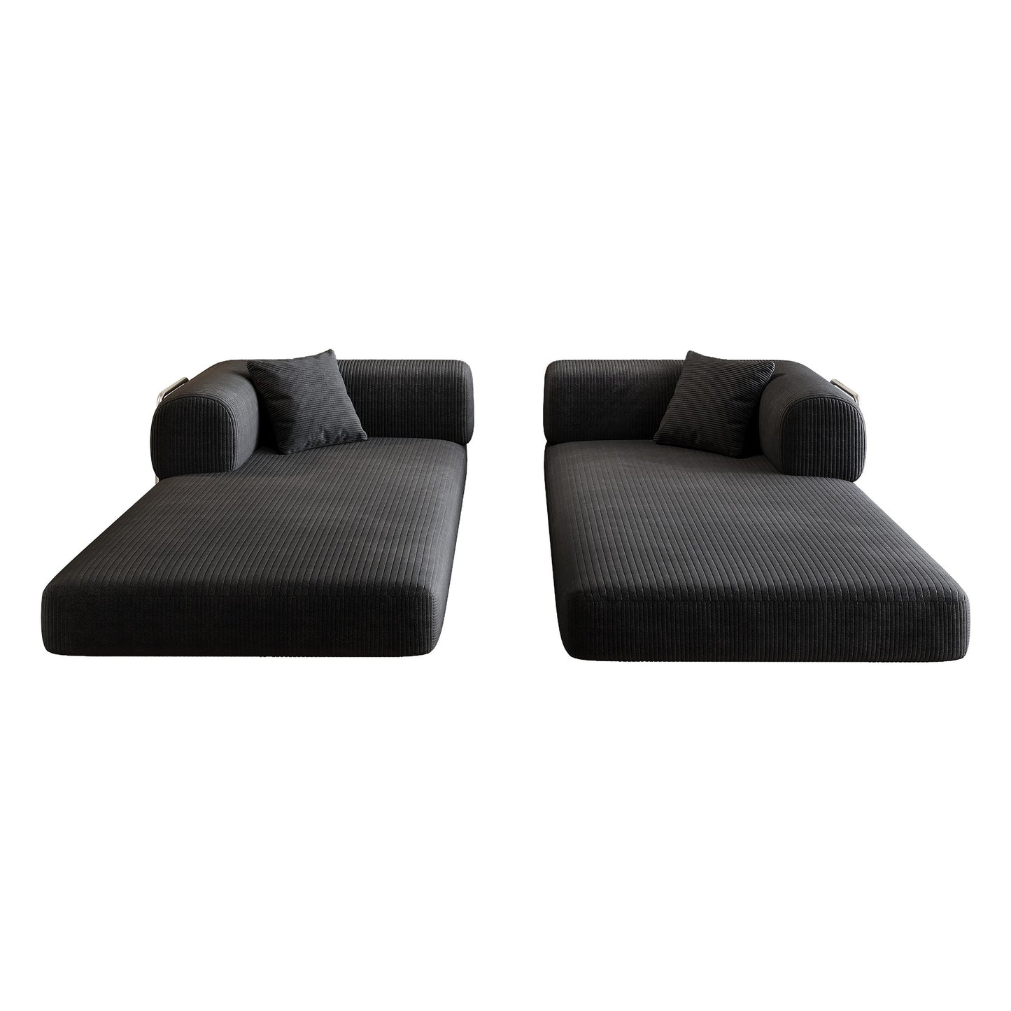 Black corduroy boneless sofa bed separated into two lounge pieces — Black