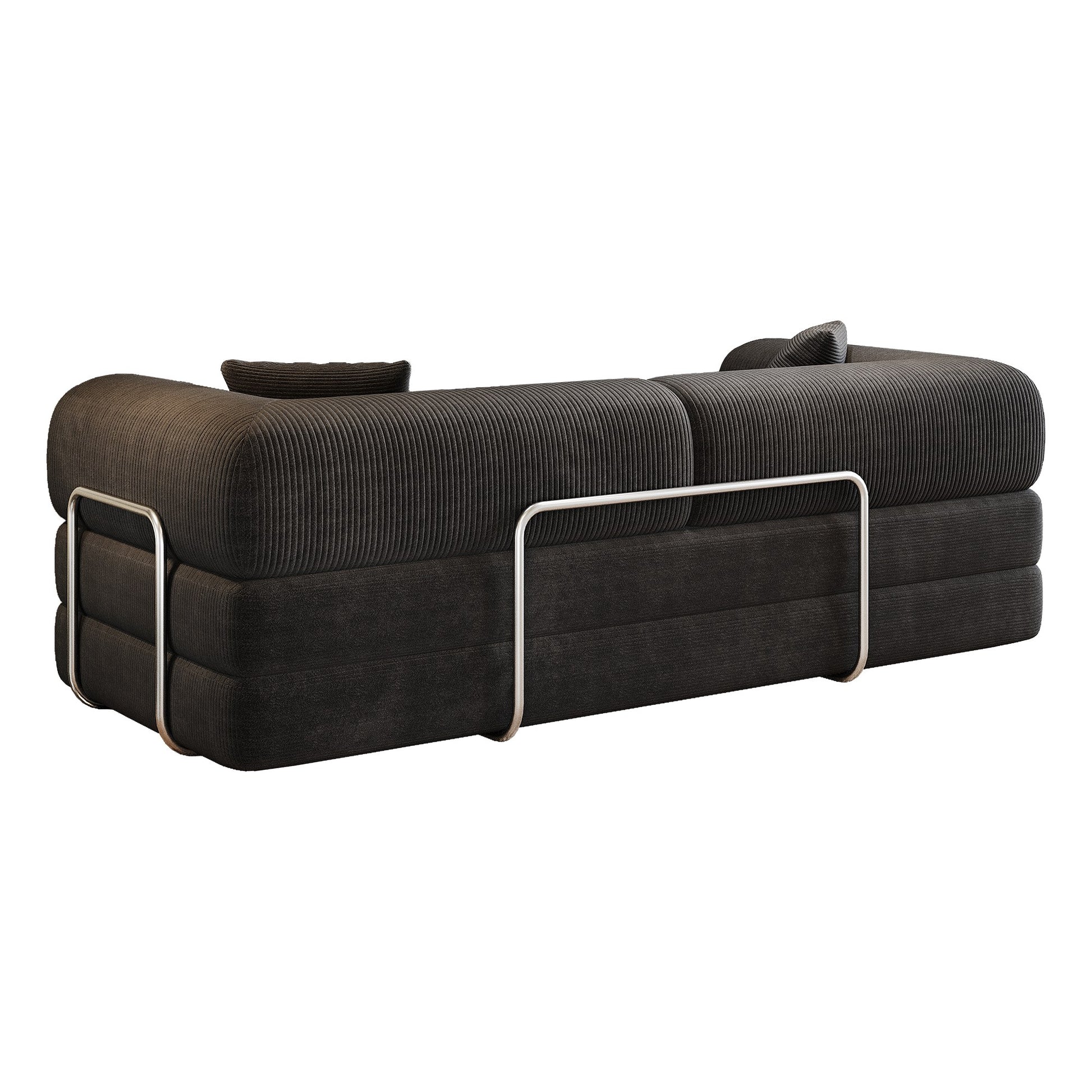Rear view of the black corduroy boneless sofa bed showing the metal armrest support bars — Black