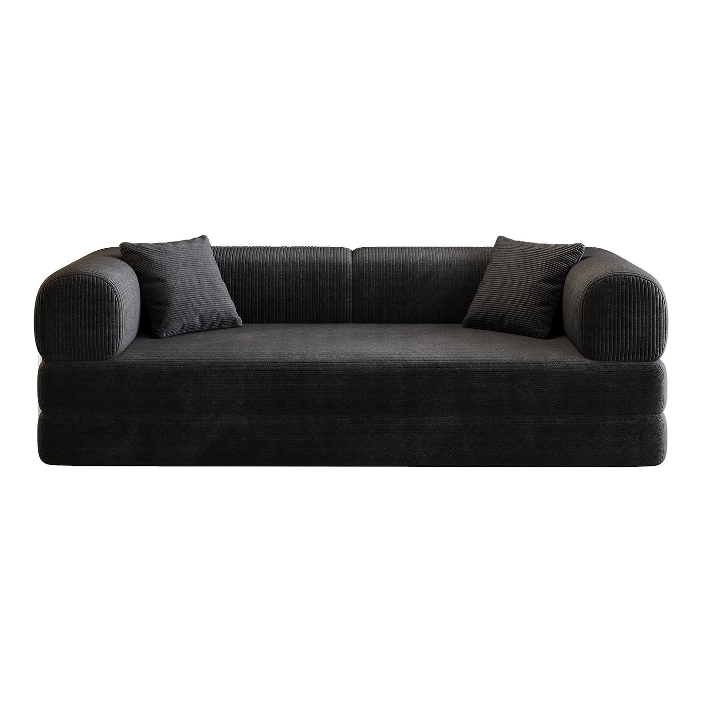 Black corduroy boneless sofa bed, front view on a white background — Black