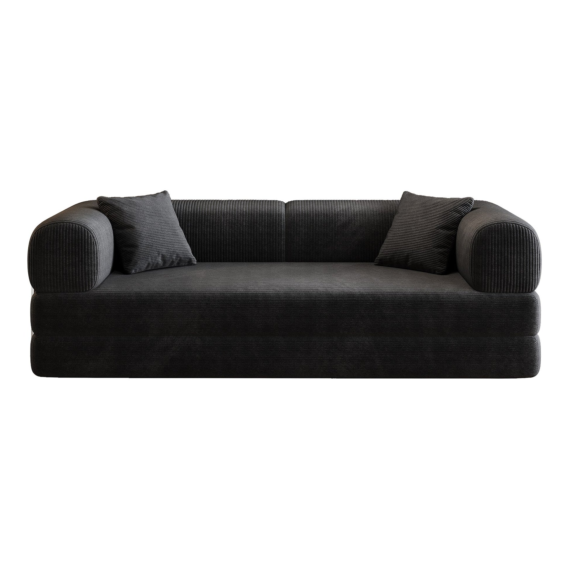 Black corduroy boneless sofa bed, front view on a white background — Black