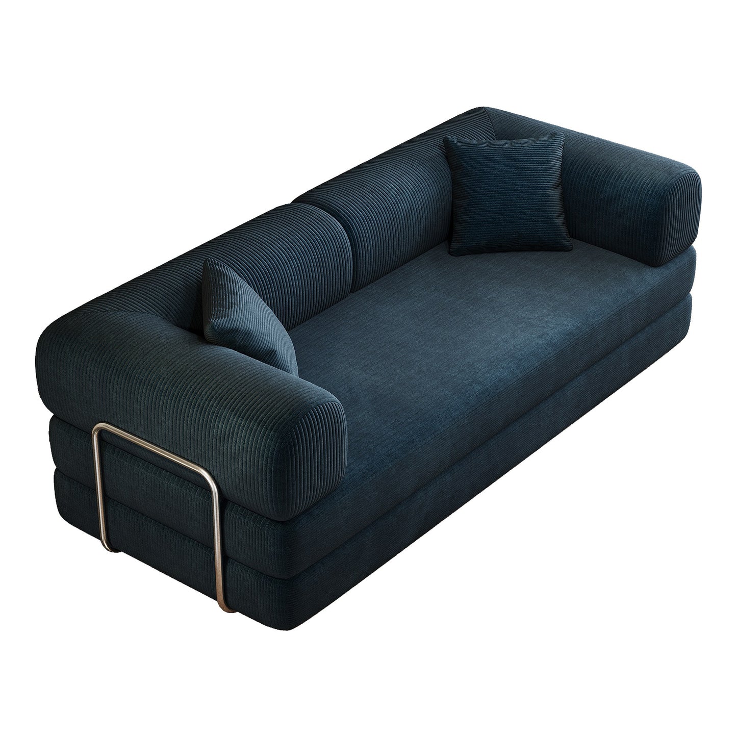 Blue corduroy boneless sofa bed seen at 45 degrees on a white background — Blue