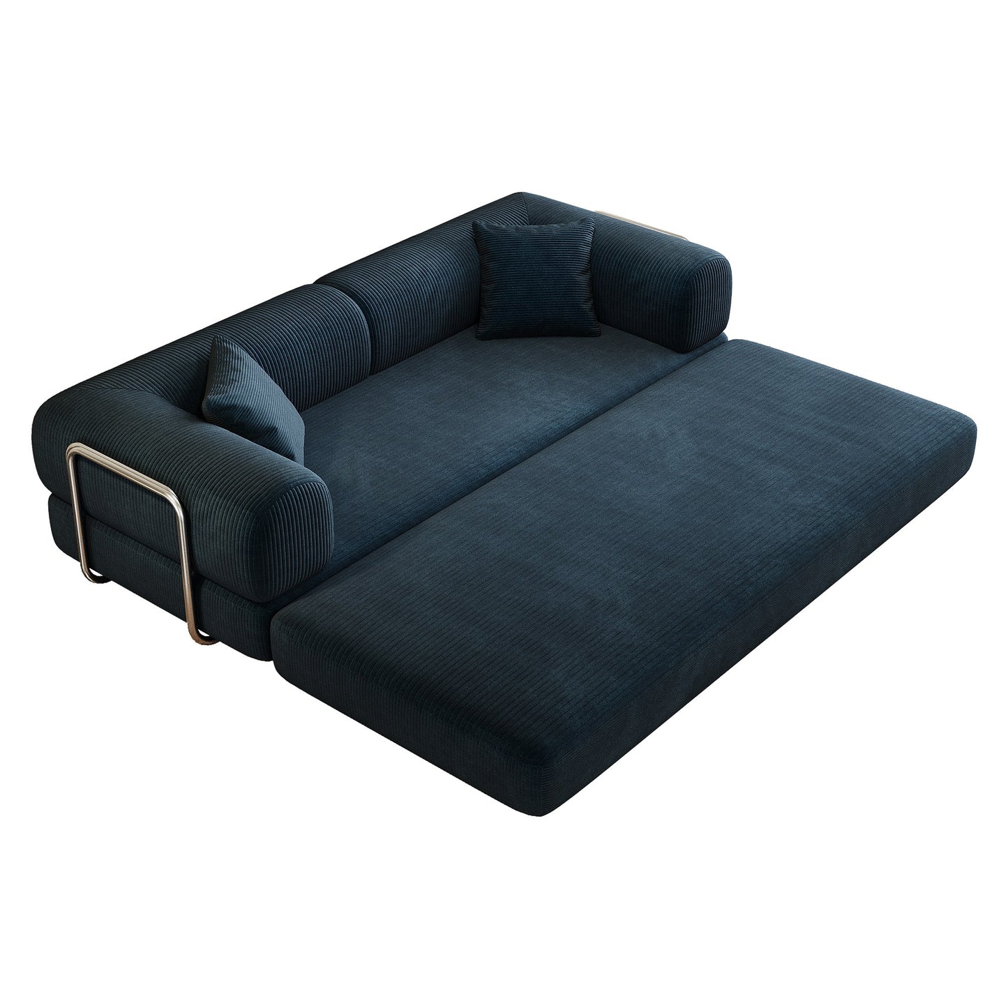 Blue corduroy boneless sofa bed opened into bed mode, foam layers unfolded — Blue