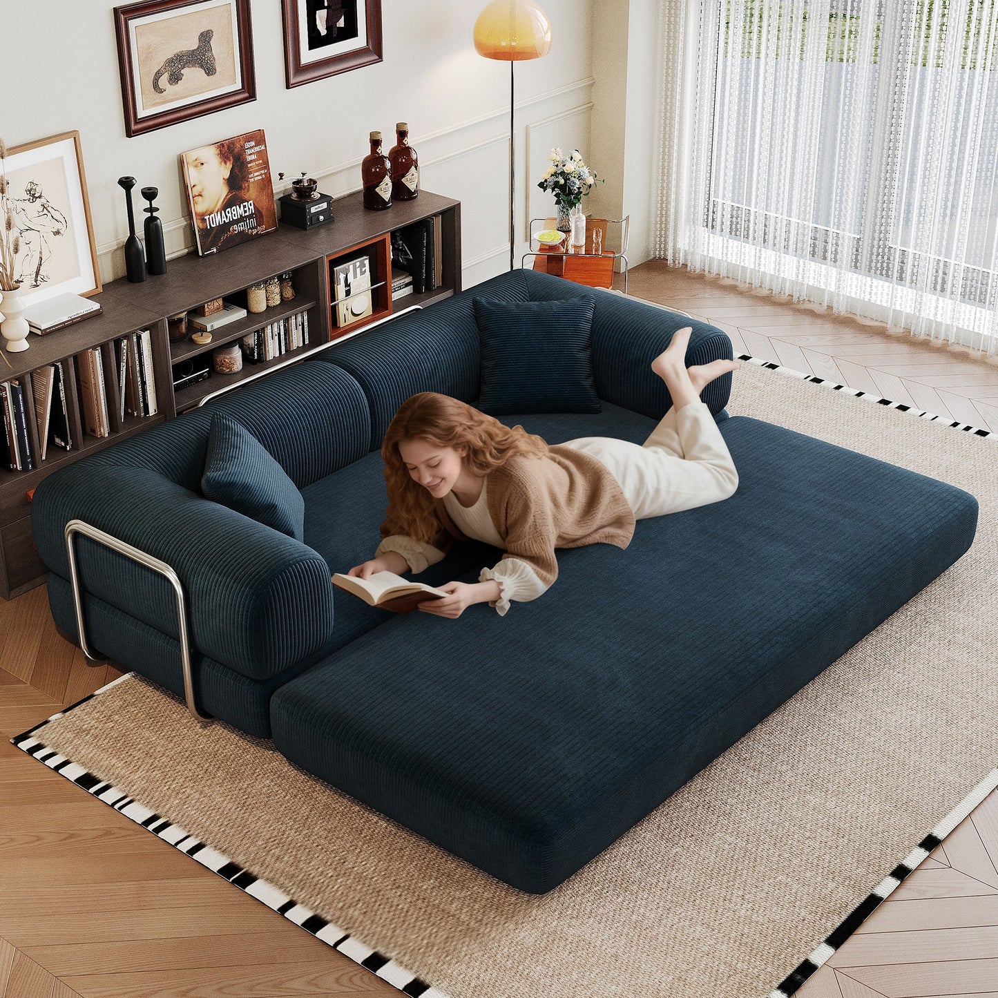 Blue corduroy boneless sofa bed unfolded flat into a bed, person lying on it — Blue