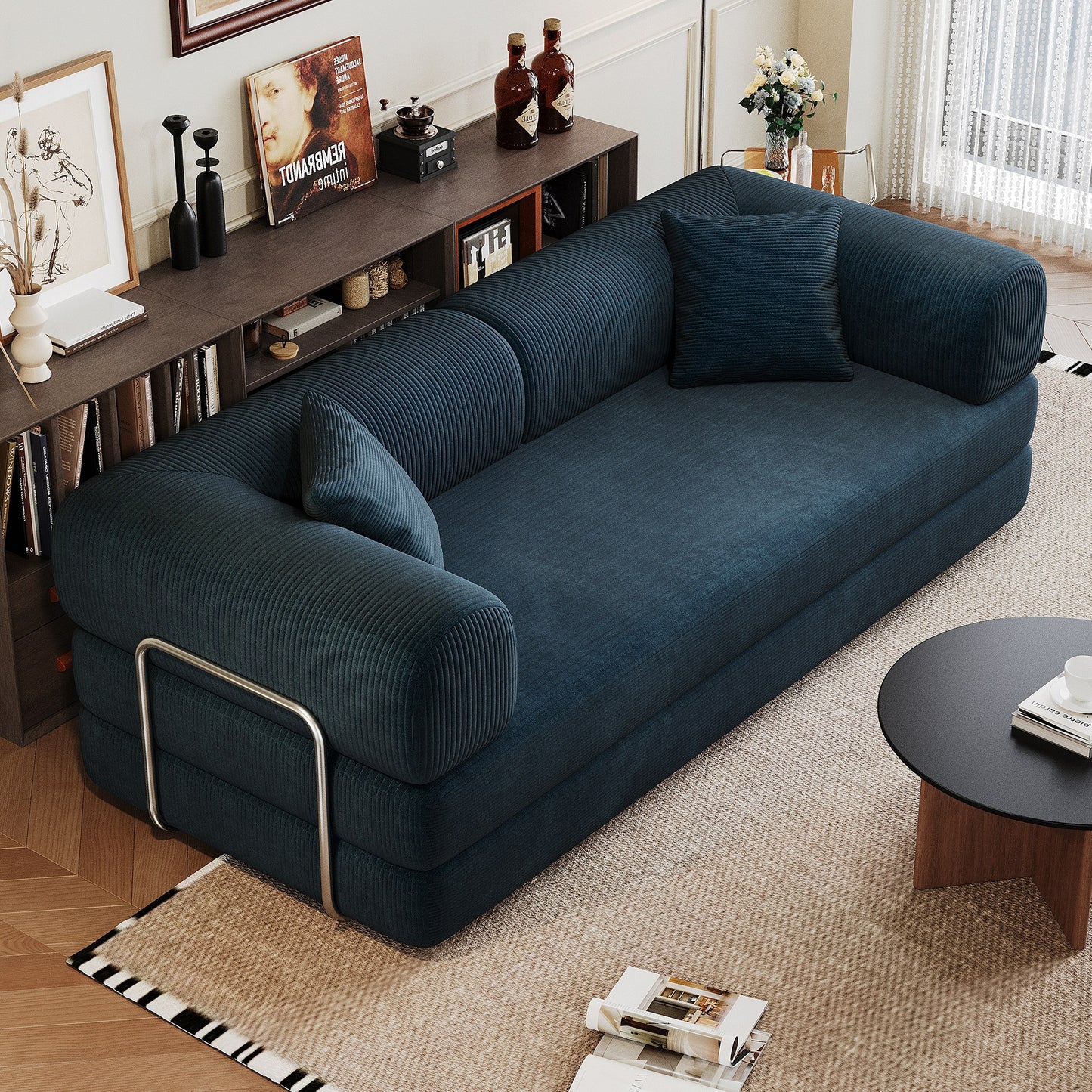 Blue corduroy boneless sofa bed, 79-inch 2-seat, angled in a living room — Blue