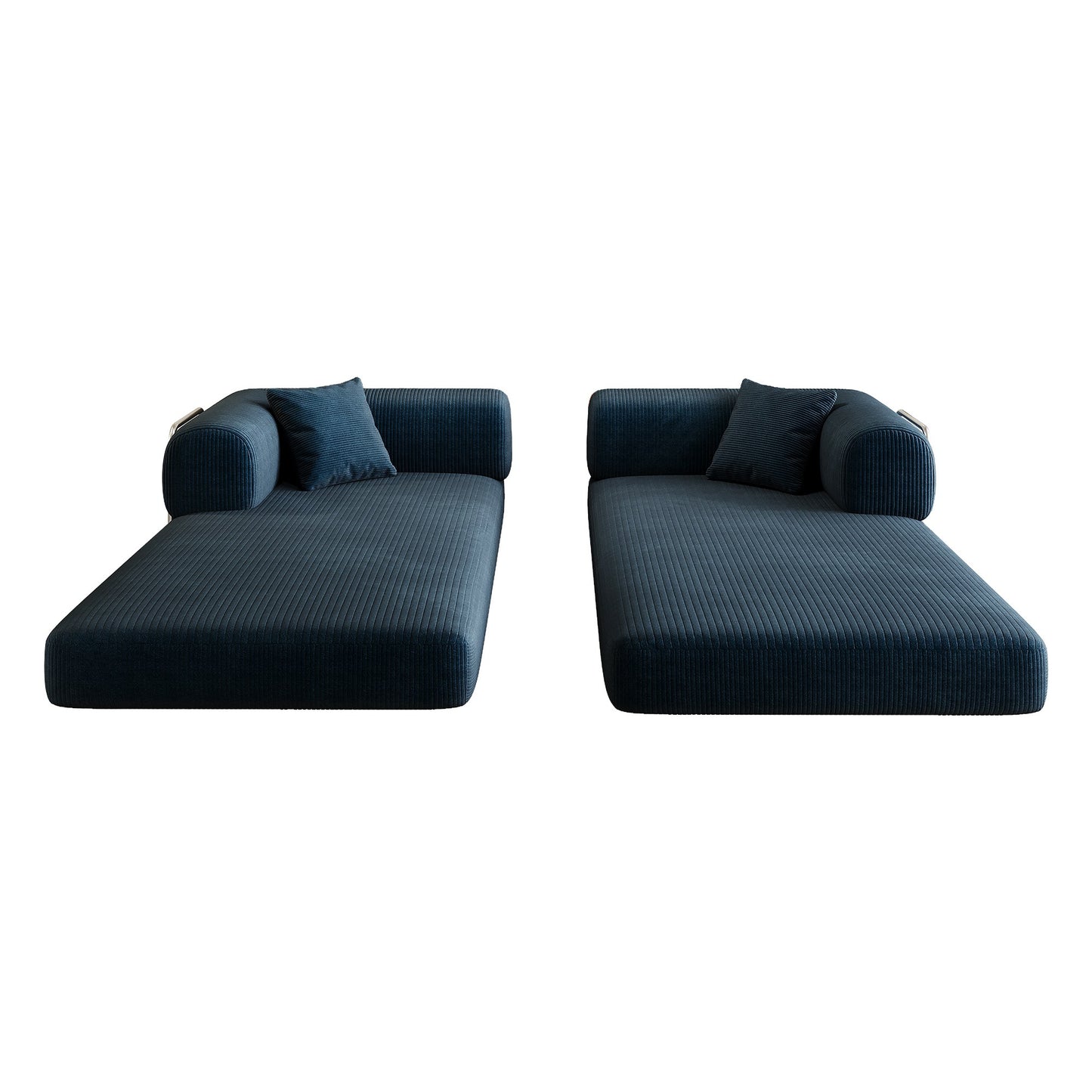 Blue corduroy boneless sofa bed separated into two lounge pieces — Blue