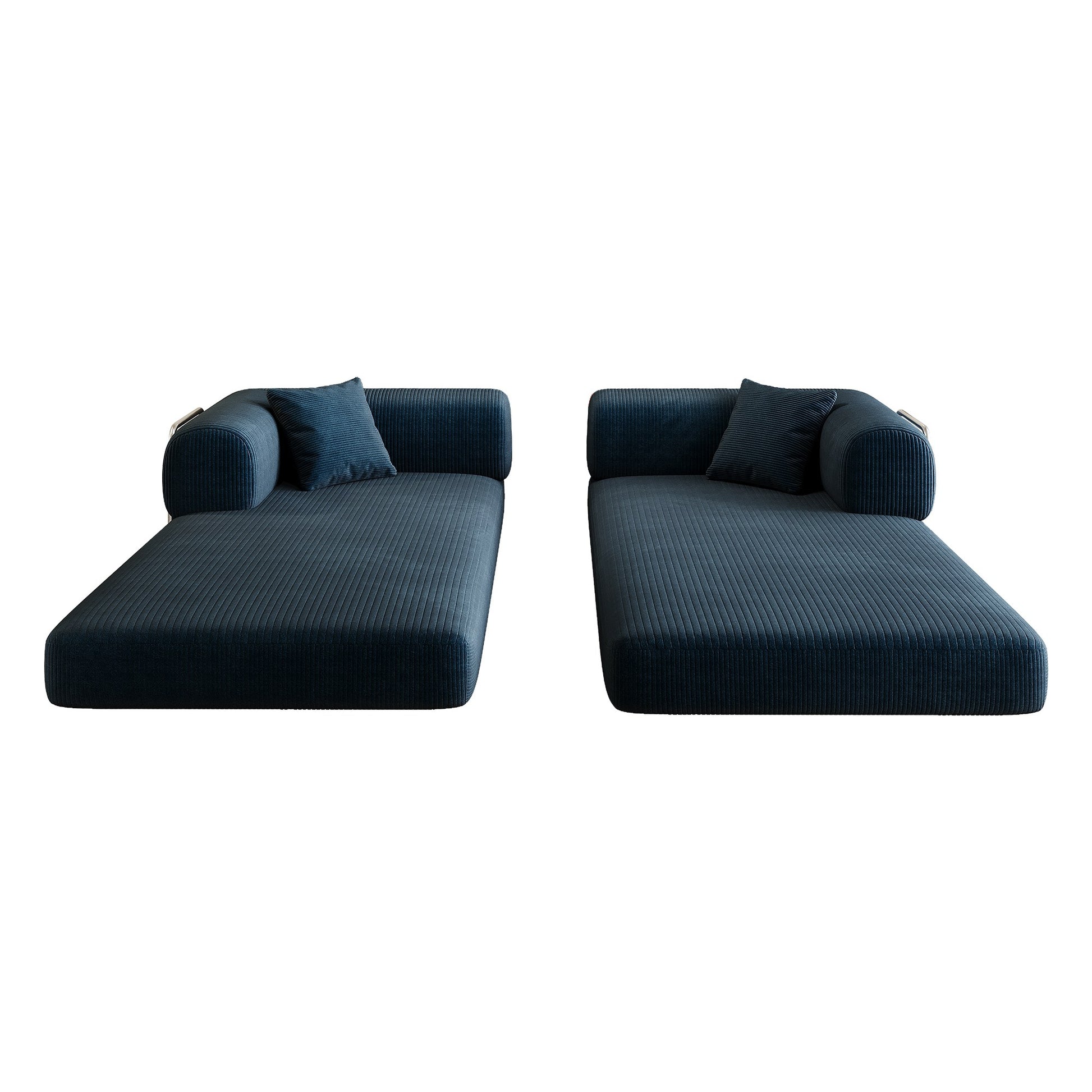 Blue corduroy boneless sofa bed separated into two lounge pieces — Blue