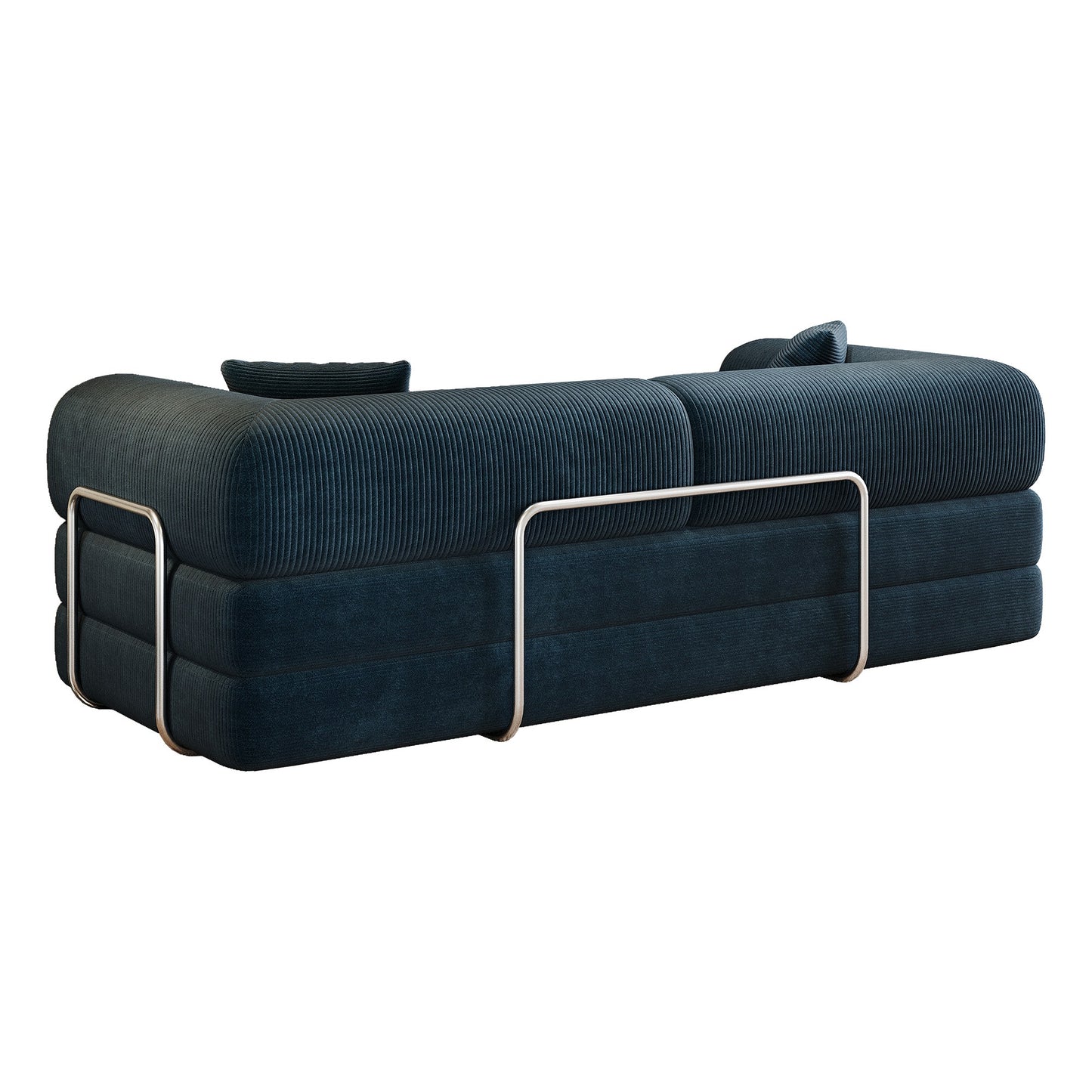 Rear view of the blue corduroy boneless sofa bed showing the metal armrest support bars — Blue
