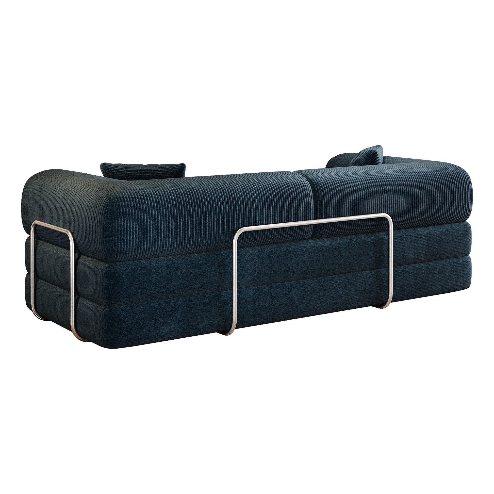 Rear view of the blue corduroy boneless sofa bed showing the metal armrest support bars — Blue
