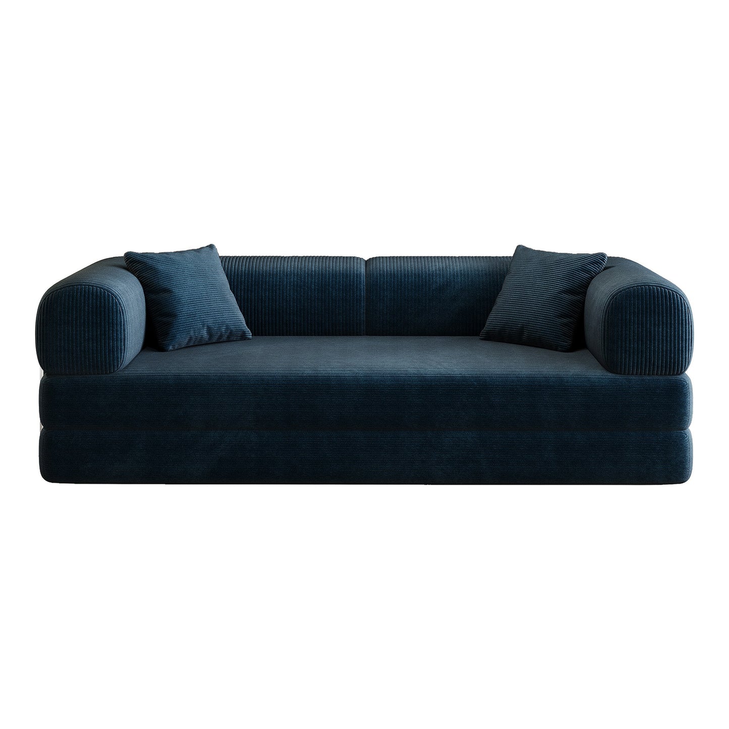 Blue corduroy boneless sofa bed, front view on a white background — Blue