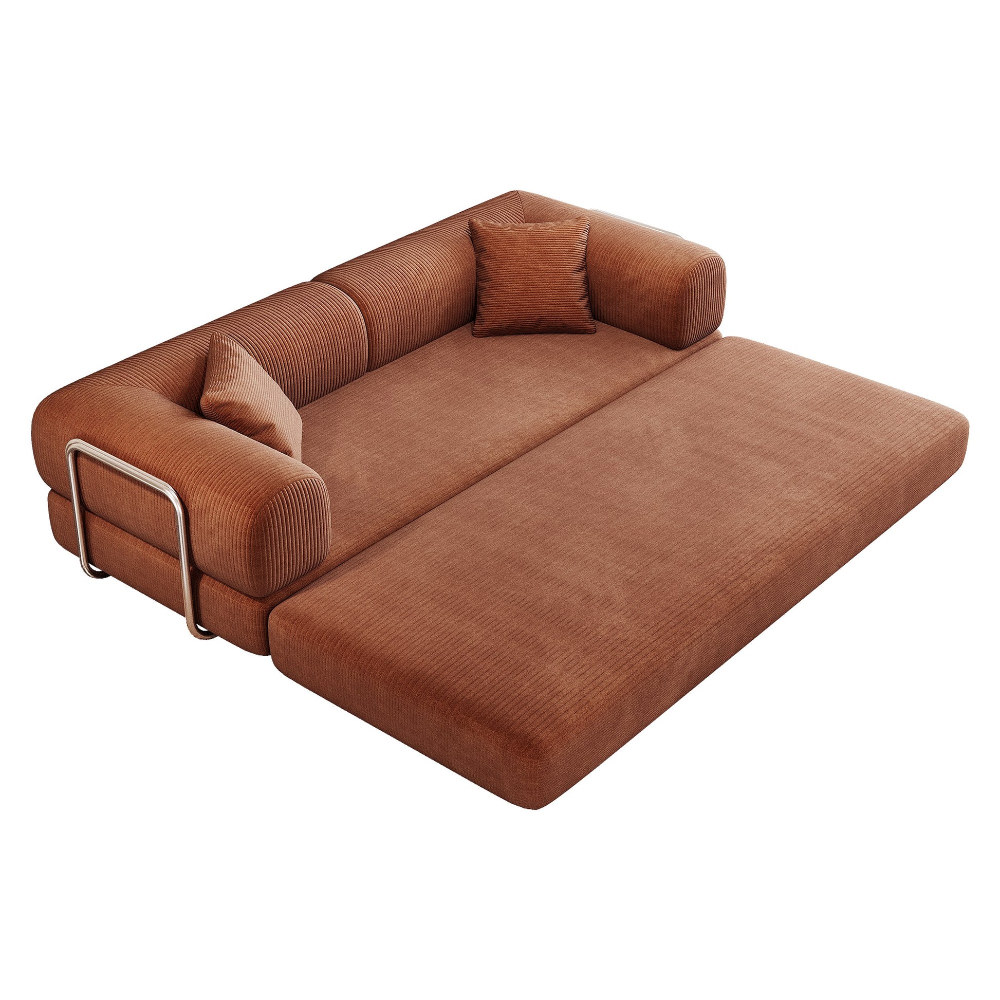 Brown corduroy boneless sofa bed opened into bed mode, foam layers unfolded — Brown