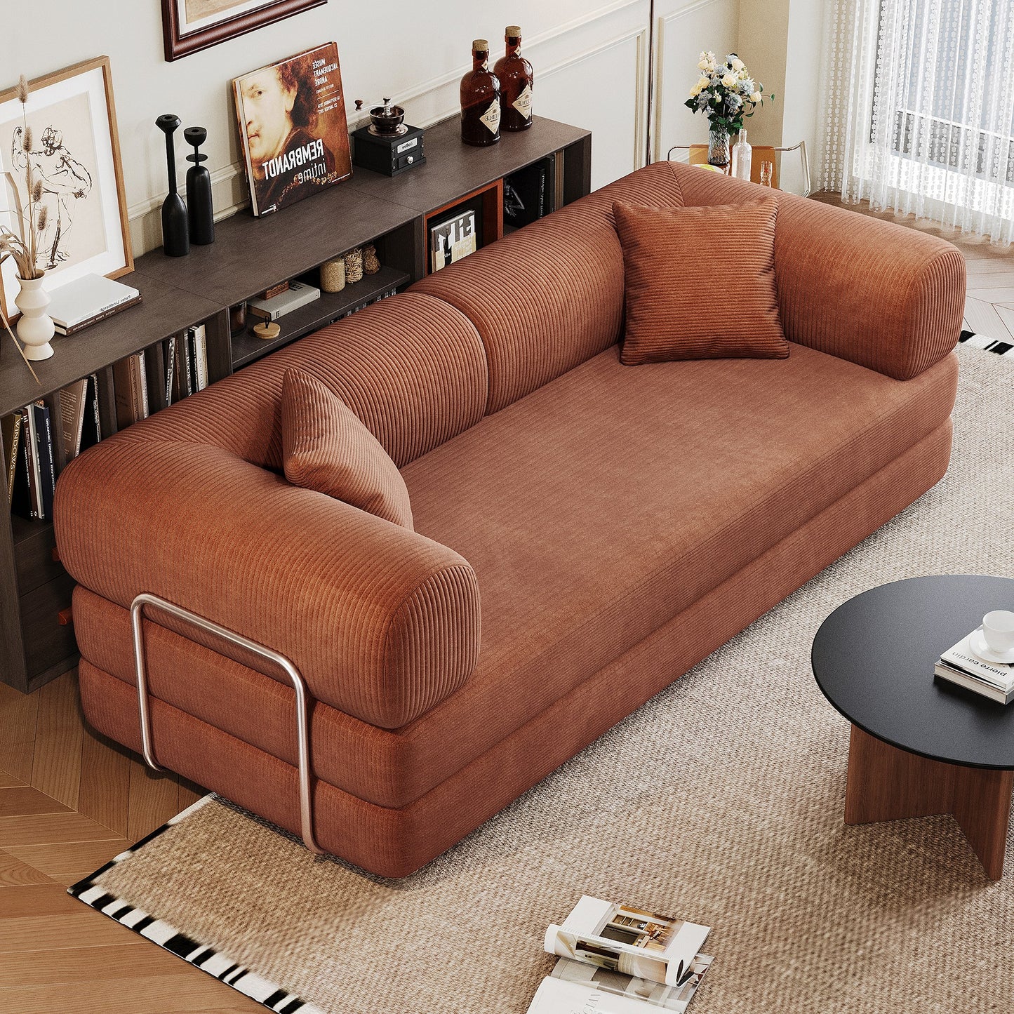 Brown corduroy boneless sofa bed, 79-inch 2-seat, angled in a living room — Brown