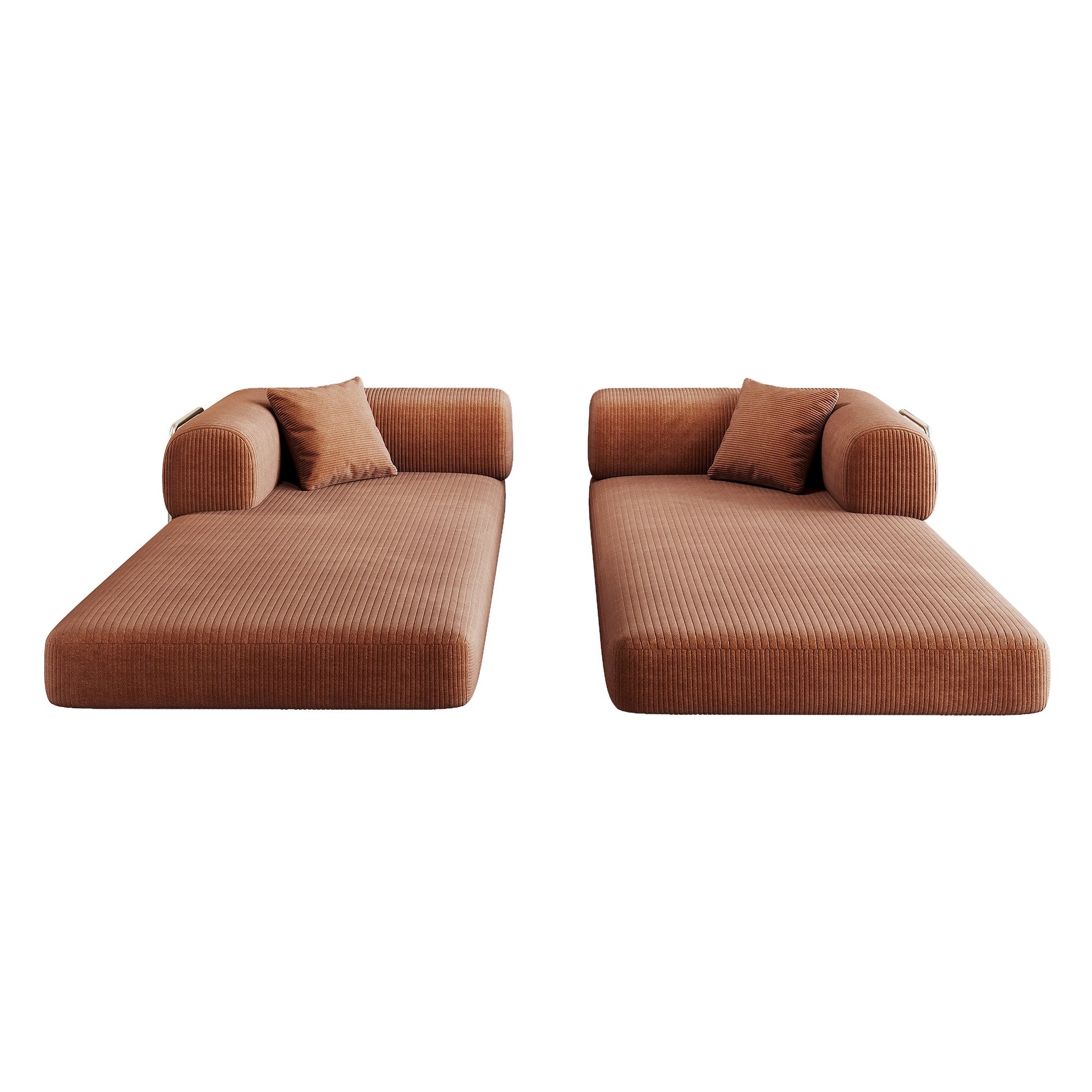 Brown corduroy boneless sofa bed separated into two lounge pieces — Brown