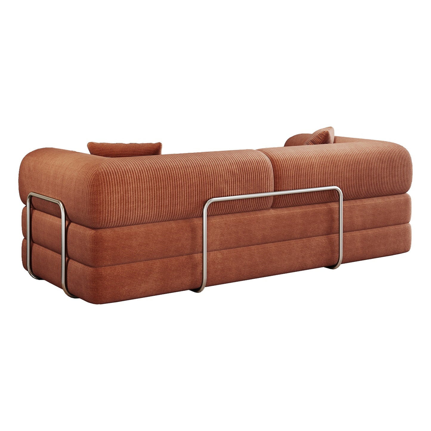 Rear view of the brown corduroy boneless sofa bed showing the metal armrest support bars — Brown