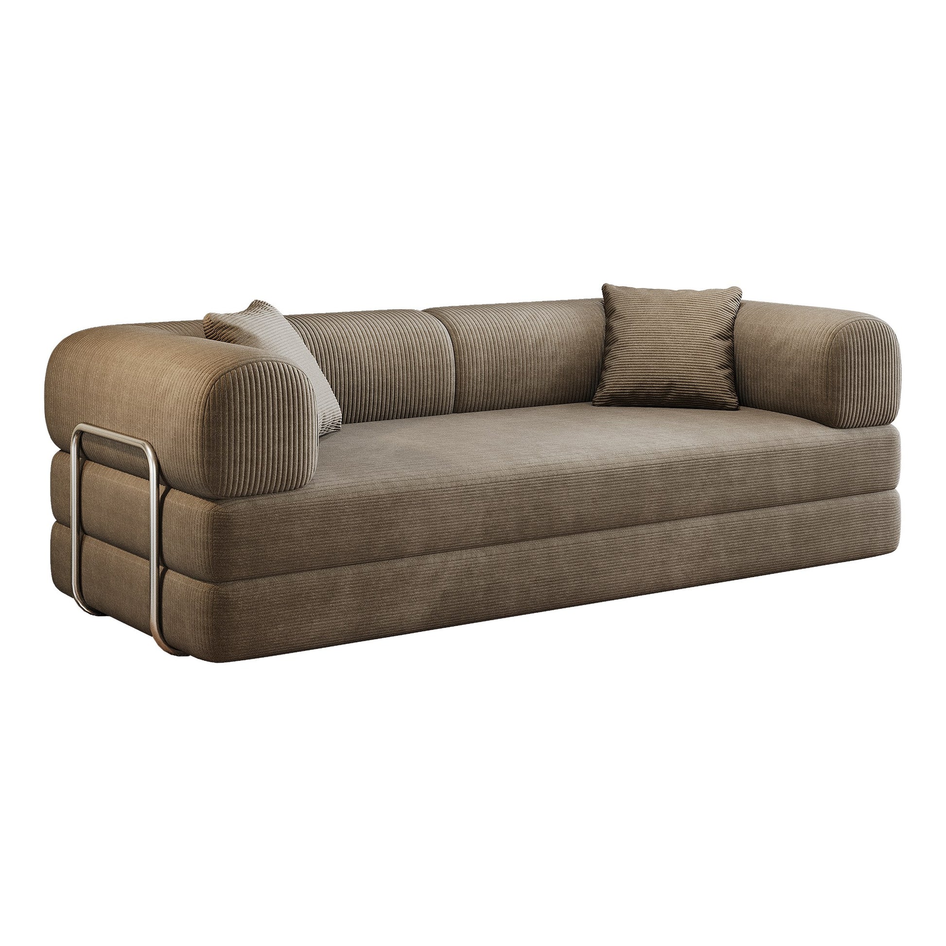 Camel corduroy boneless sofa bed seen at 45 degrees on a white background — Camel