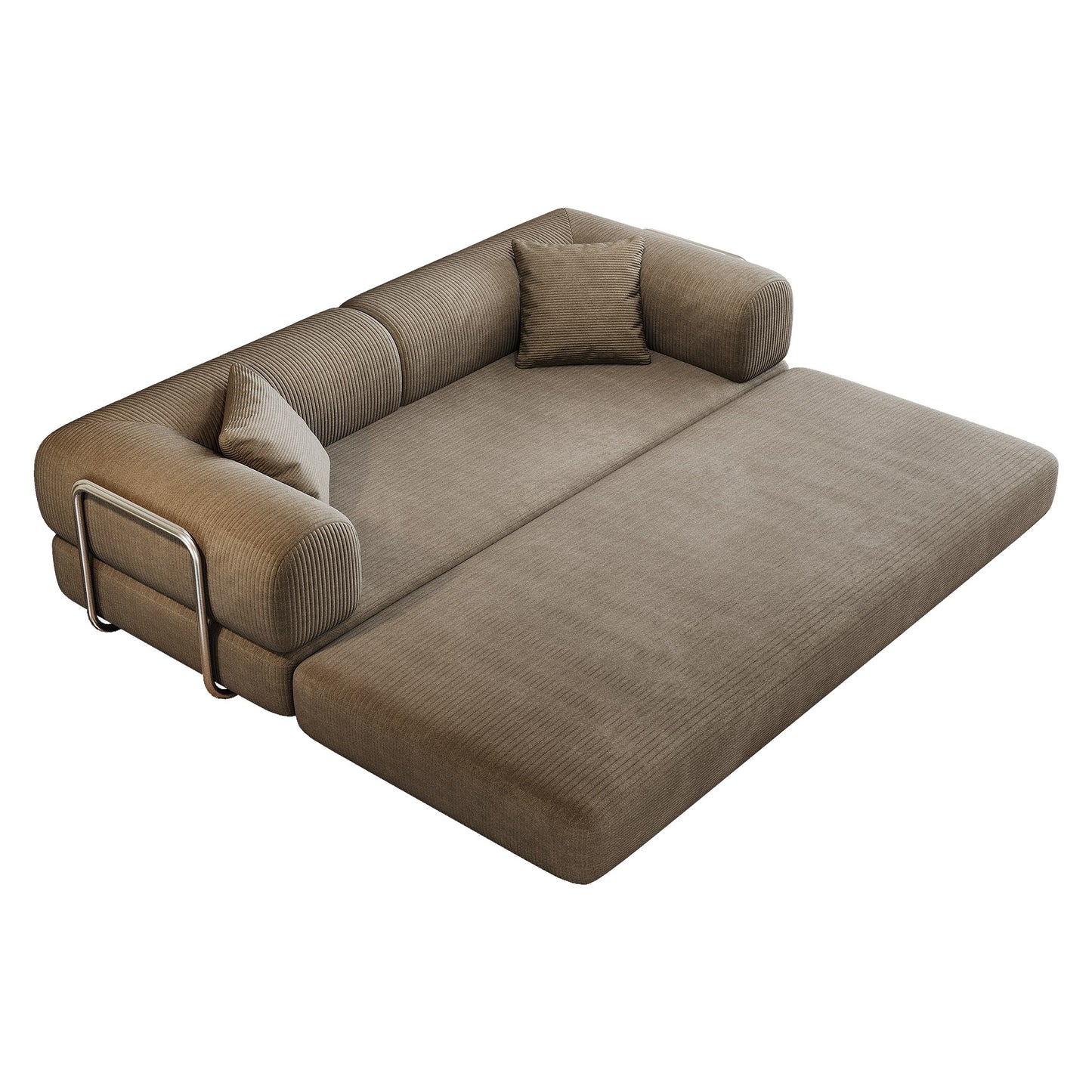 Camel corduroy boneless sofa bed opened into bed mode, foam layers unfolded — Camel