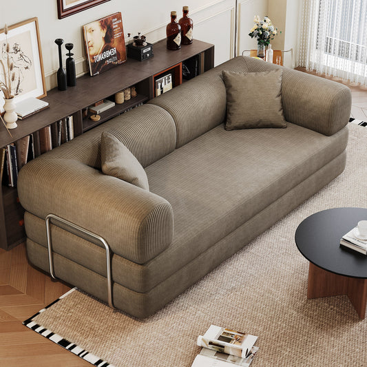 Camel corduroy boneless sofa bed, 79-inch 2-seat, angled in a living room — Camel
