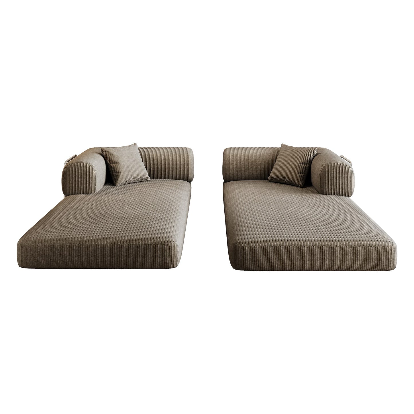 Camel corduroy boneless sofa bed separated into two lounge pieces — Camel
