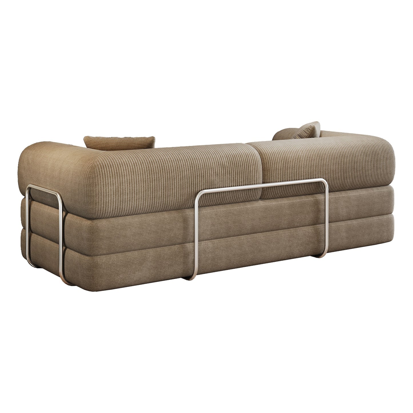Rear view of the camel corduroy boneless sofa bed showing the metal armrest support bars — Camel