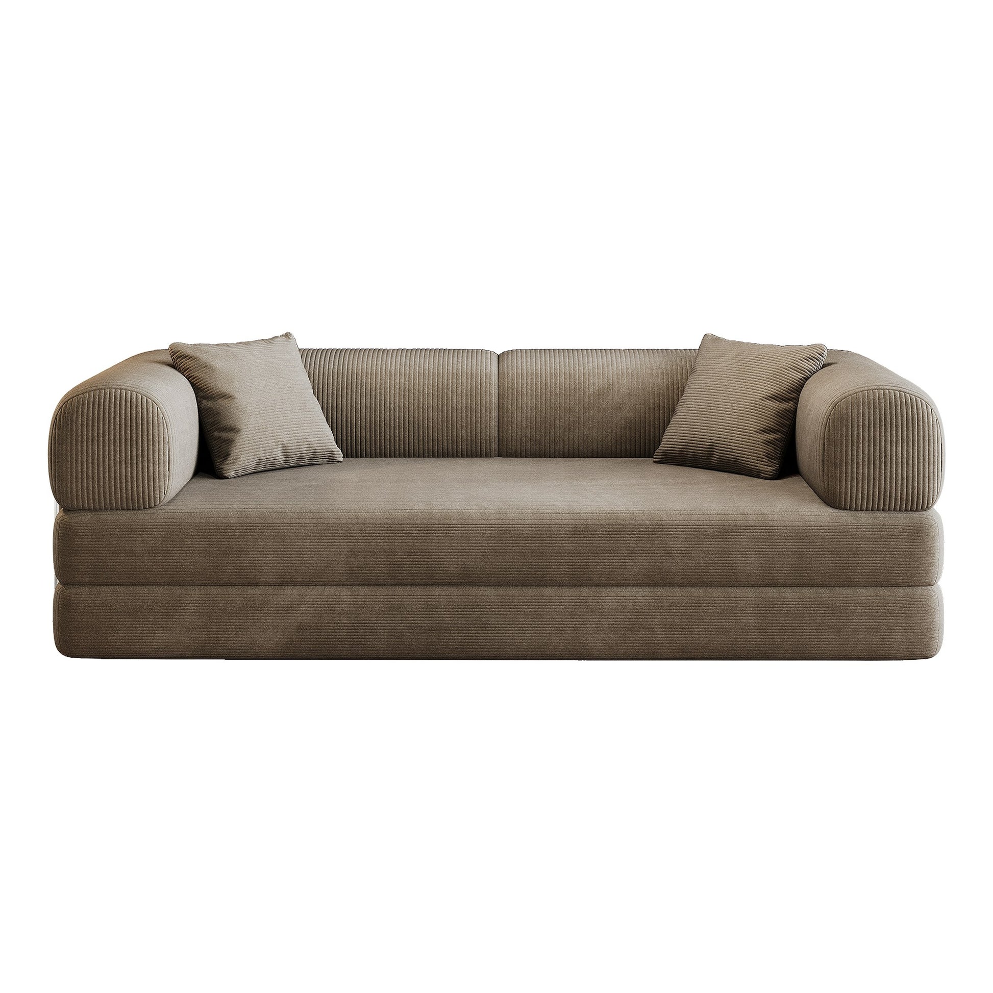 Camel corduroy boneless sofa bed, front view on a white background — Camel
