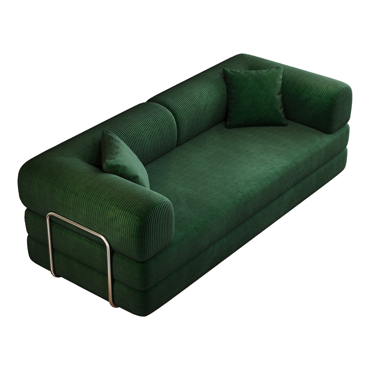 Green corduroy boneless sofa bed seen at 45 degrees on a white background — Green