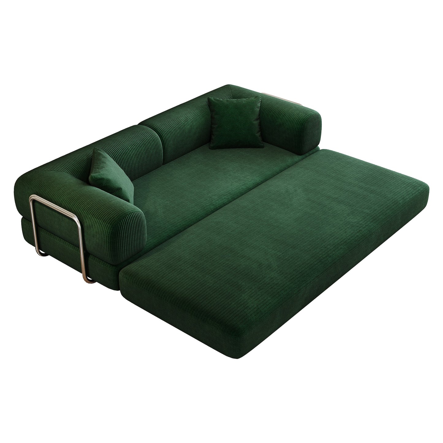 Green corduroy boneless sofa bed opened into bed mode, foam layers unfolded — Green