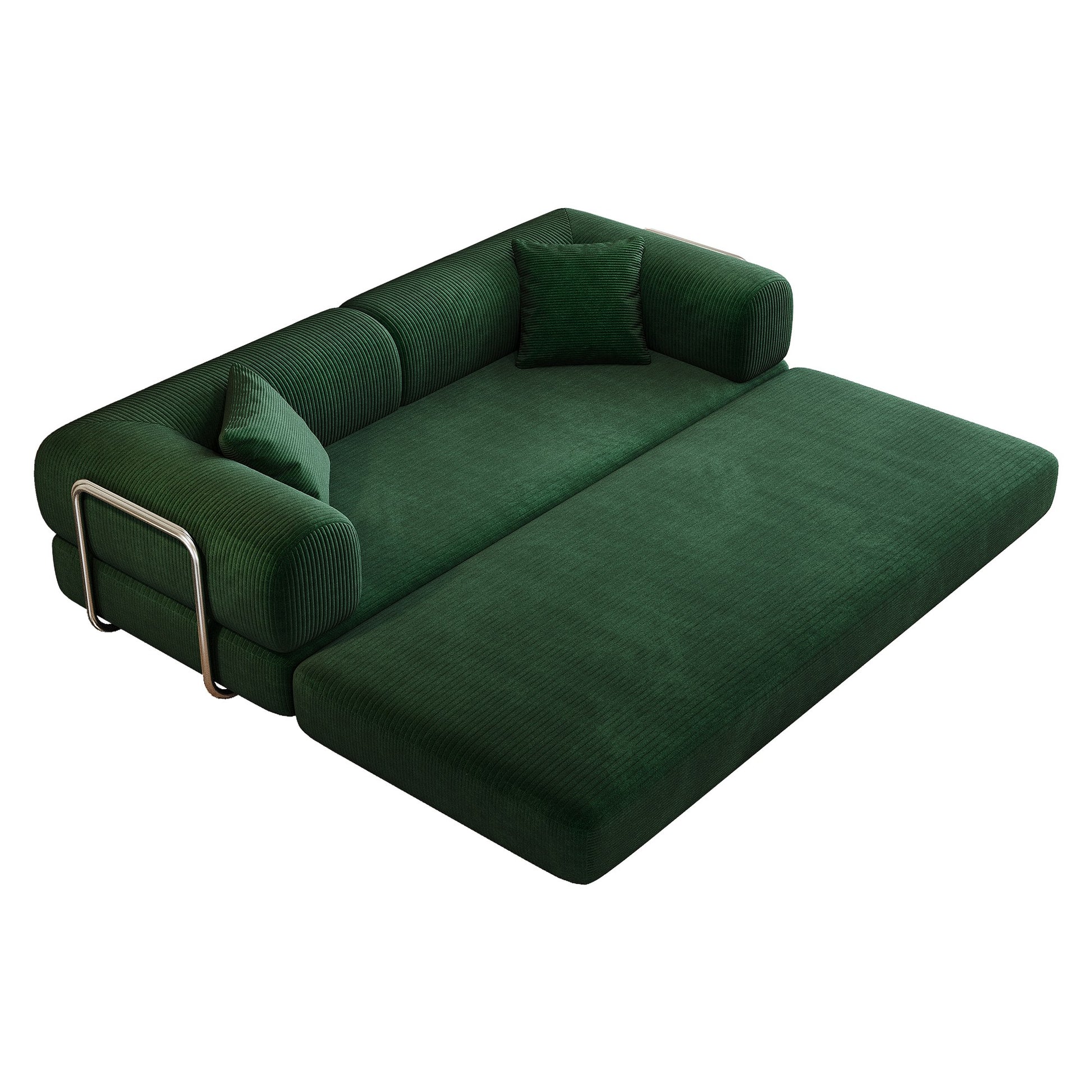 Green corduroy boneless sofa bed opened into bed mode, foam layers unfolded — Green