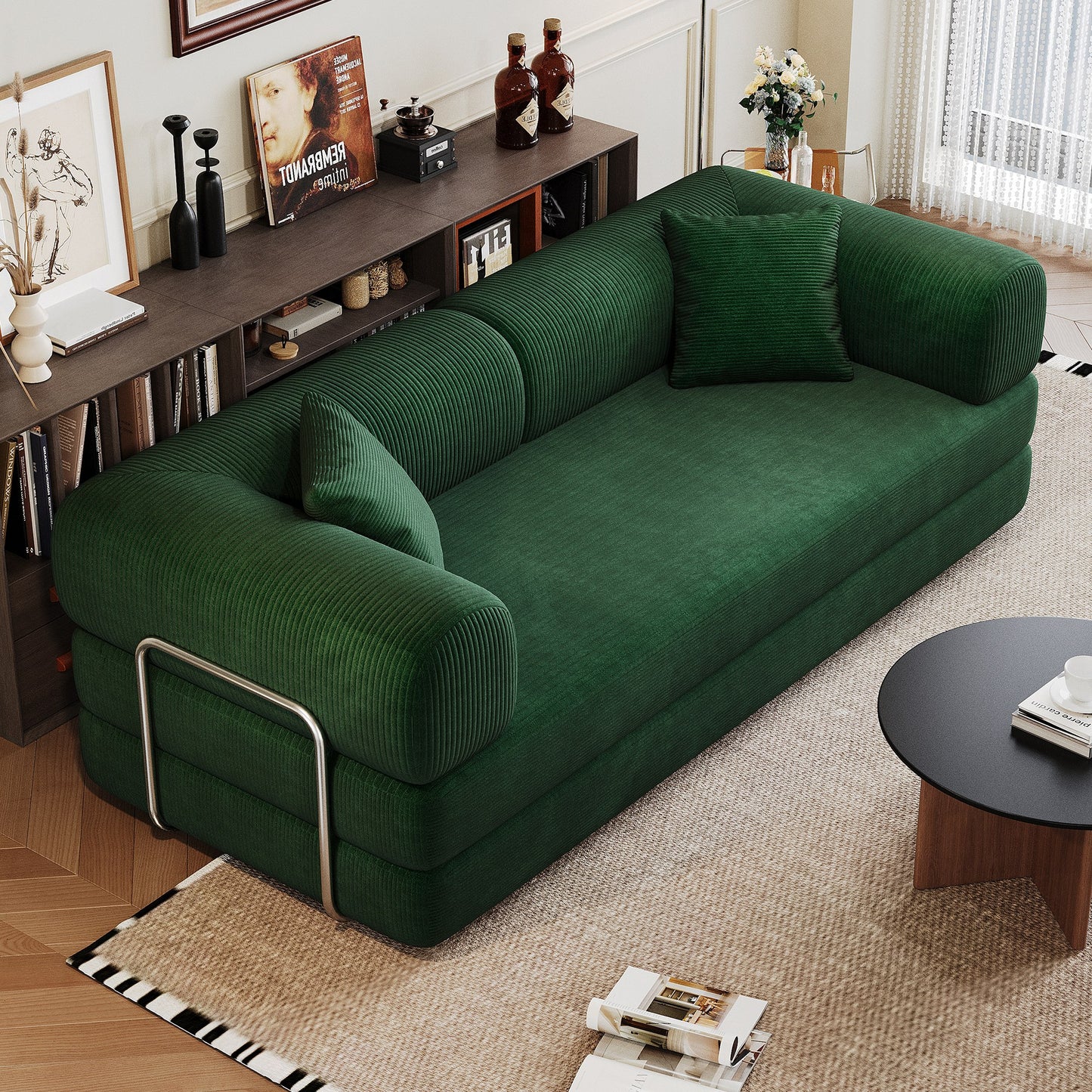 Green corduroy boneless sofa bed, 79-inch 2-seat, angled in a living room — Green