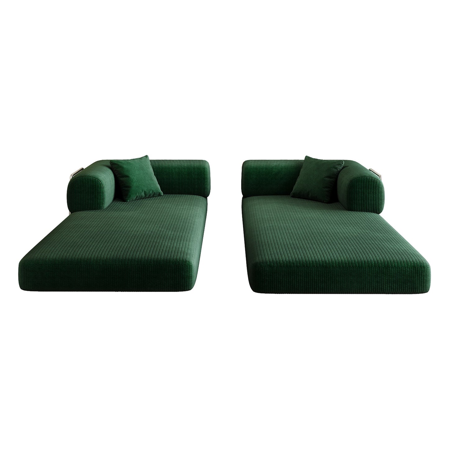 Green corduroy boneless sofa bed separated into two lounge pieces — Green