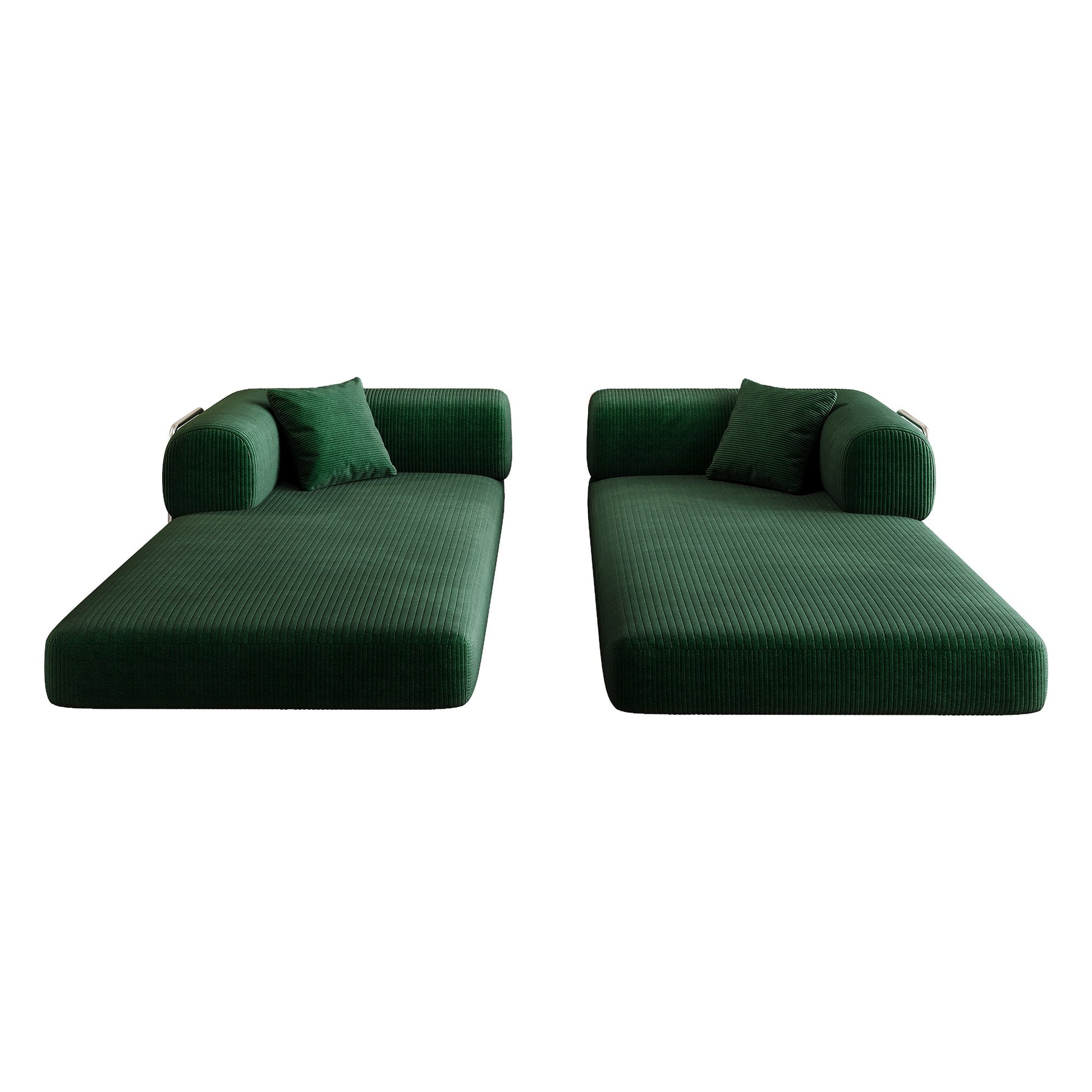 Green corduroy boneless sofa bed separated into two lounge pieces — Green
