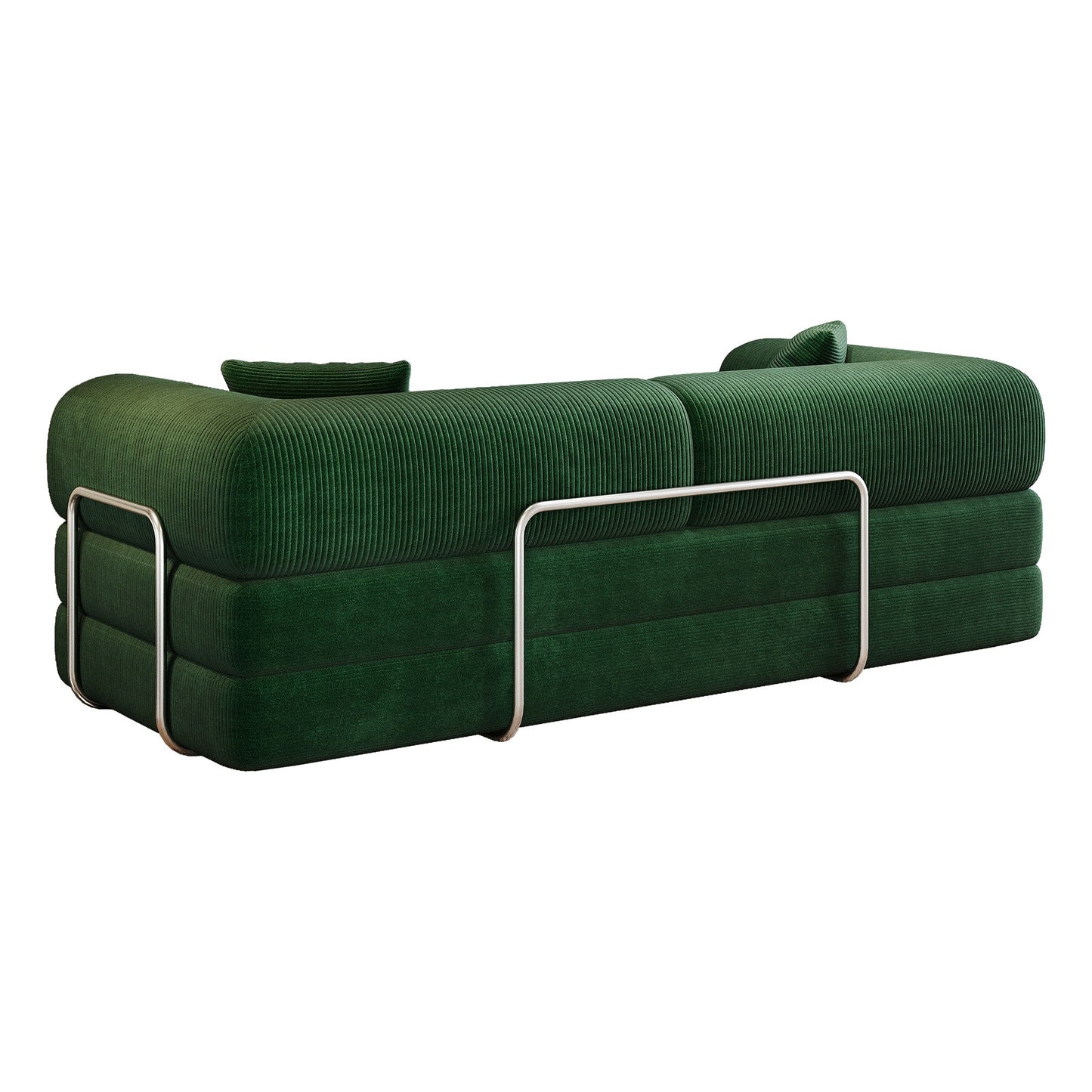 Rear view of the green corduroy boneless sofa bed showing the metal armrest support bars — Green
