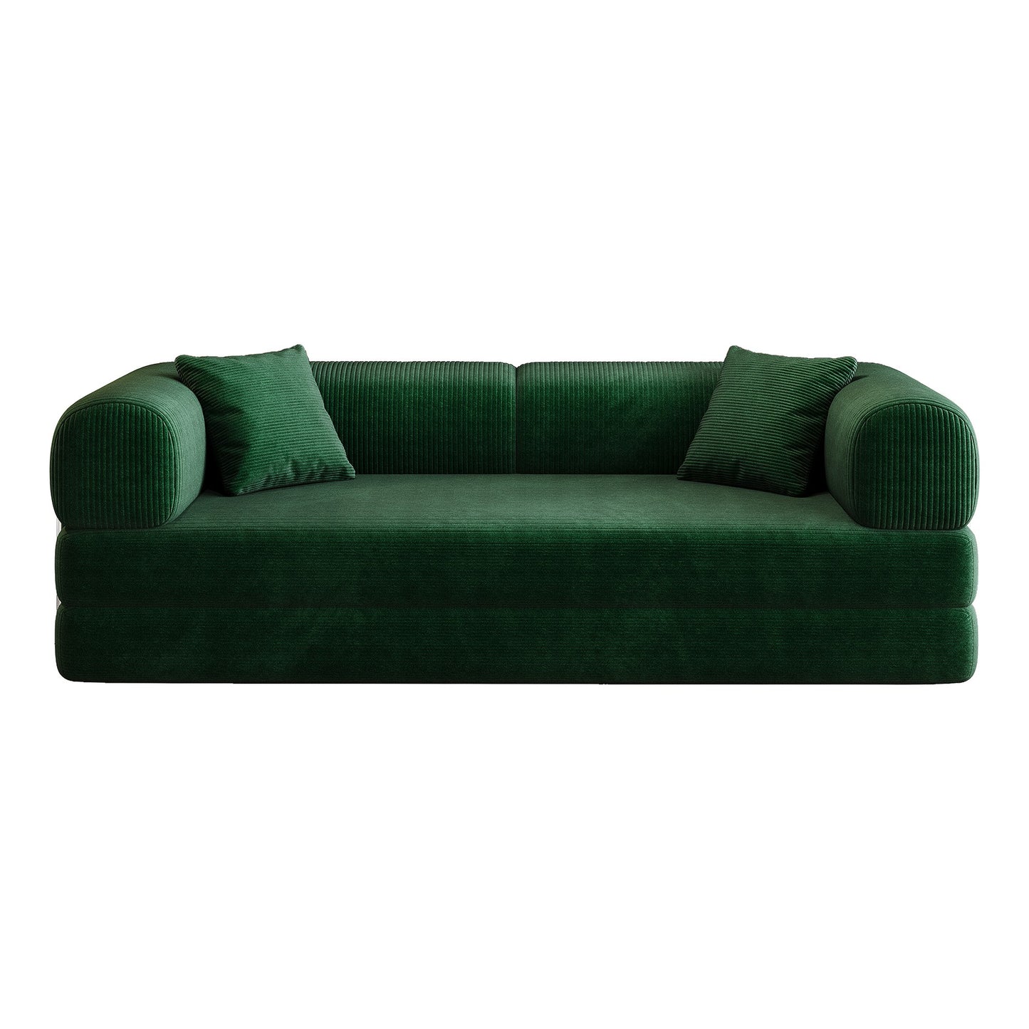 Green corduroy boneless sofa bed, front view on a white background — Green