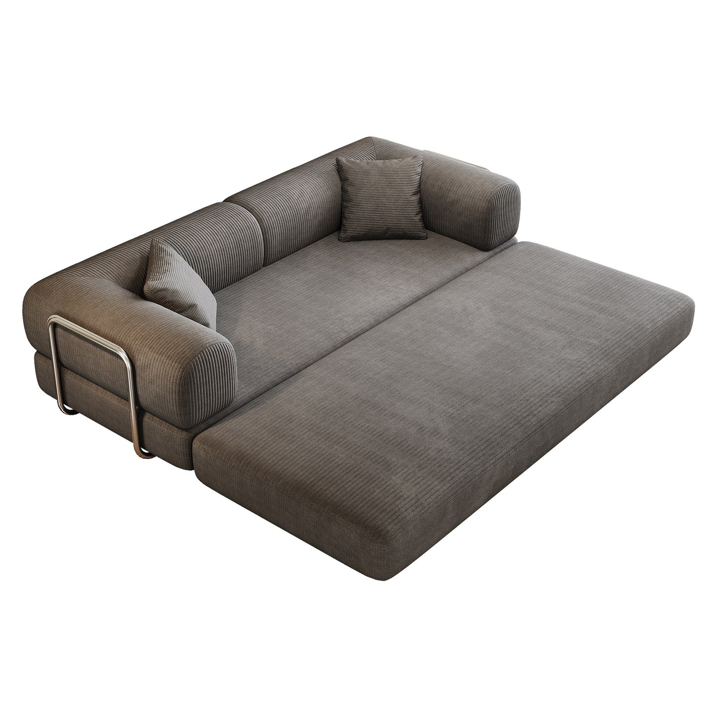 Grey corduroy boneless sofa bed opened into bed mode, foam layers unfolded — Grey