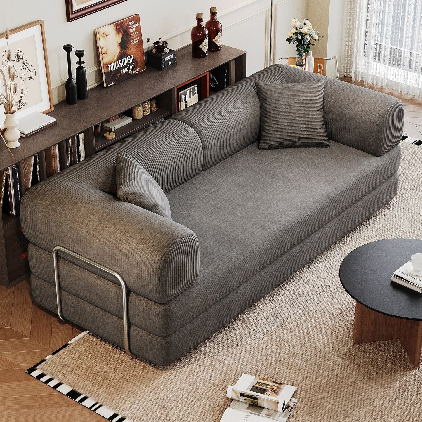 Grey corduroy boneless sofa bed, 79-inch 2-seat, angled in a living room — Grey