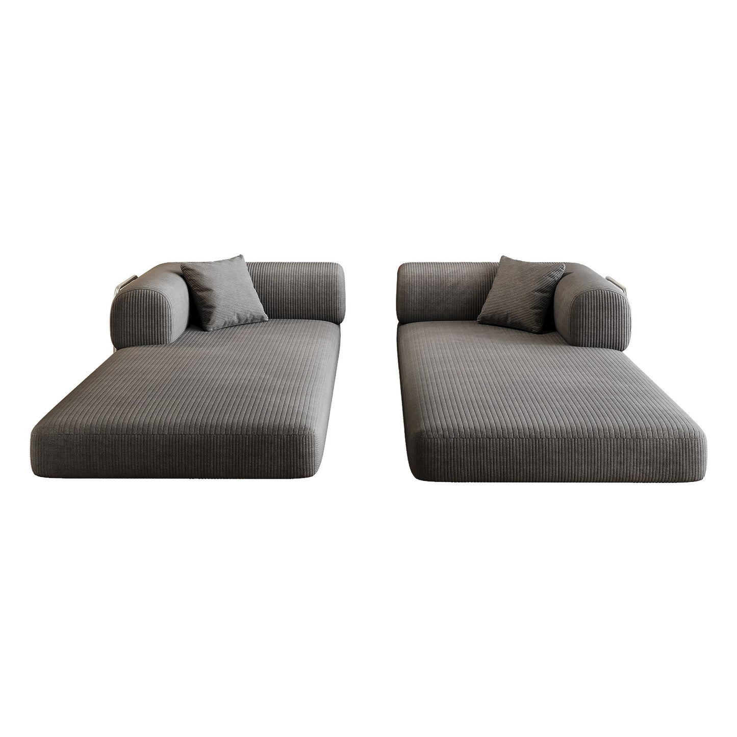 Grey corduroy boneless sofa bed separated into two lounge pieces — Grey
