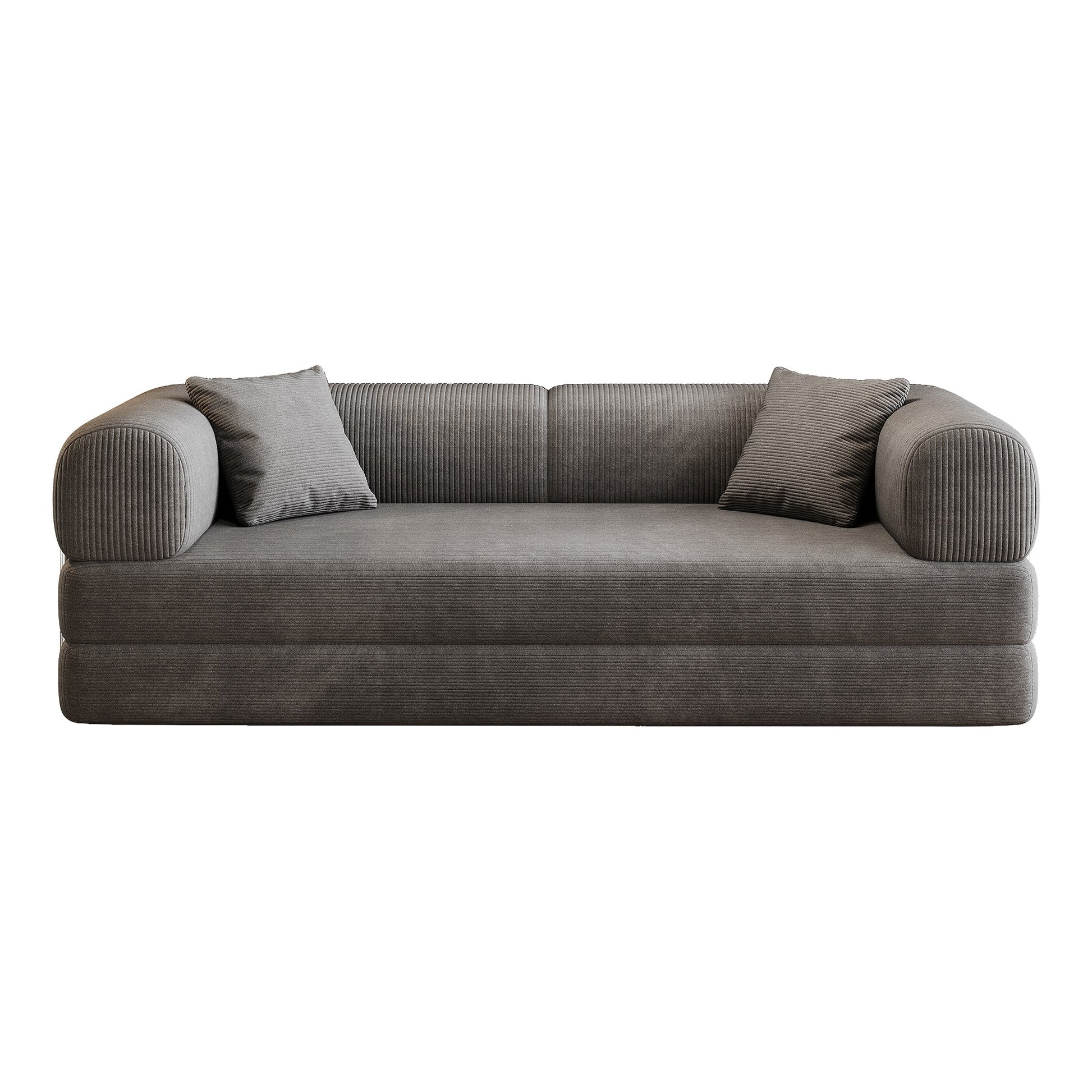 Grey corduroy boneless sofa bed, front view on a white background — Grey