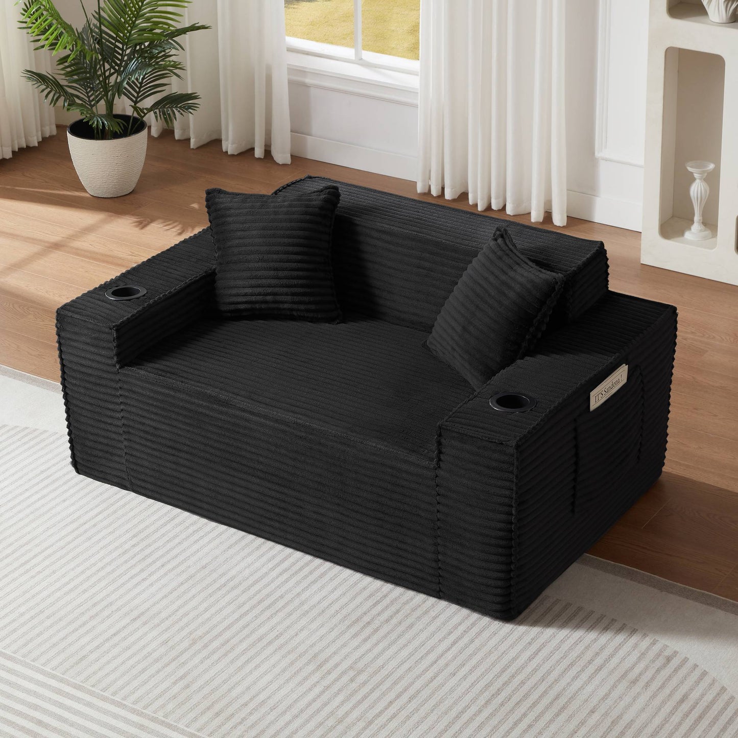 Corduroy Compression Sofa — 1/2/3-Seat — Black / 2-Seat