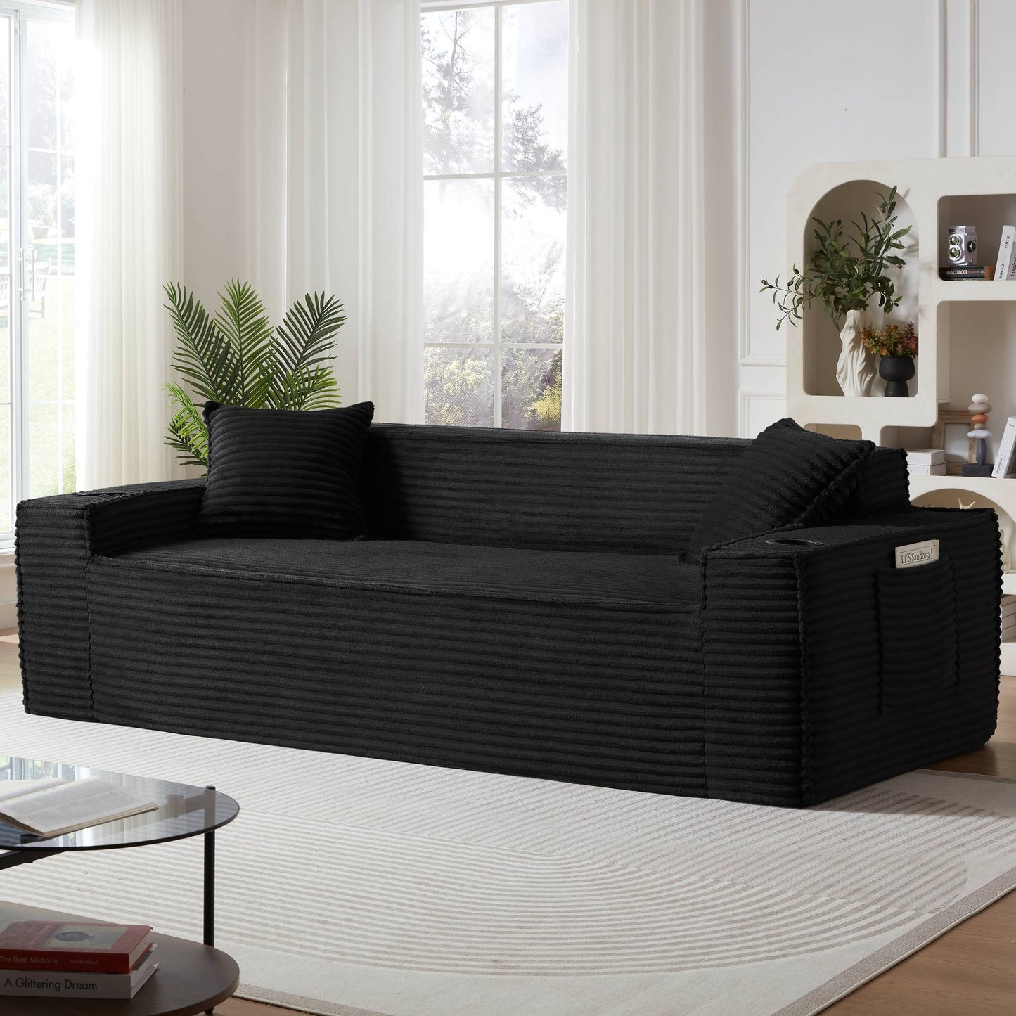 Corduroy Compression Sofa — 1/2/3-Seat — Black / 3-Seat