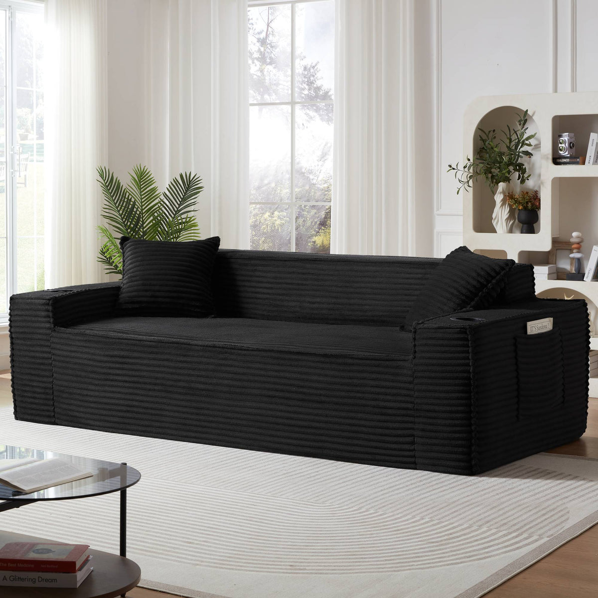 Corduroy Compression Sofa — 1/2/3-Seat — Black / 3-Seat