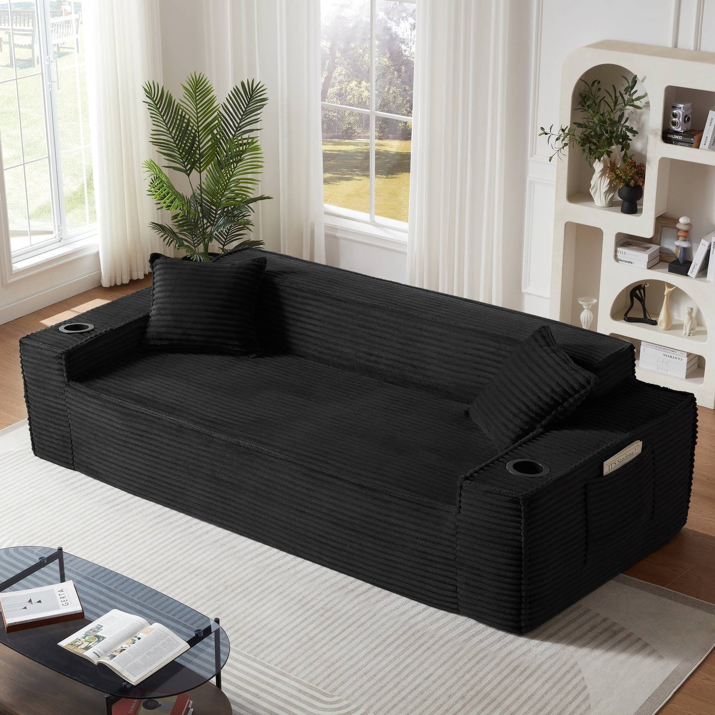 Corduroy Compression Sofa — 1/2/3-Seat — Black / 3-Seat
