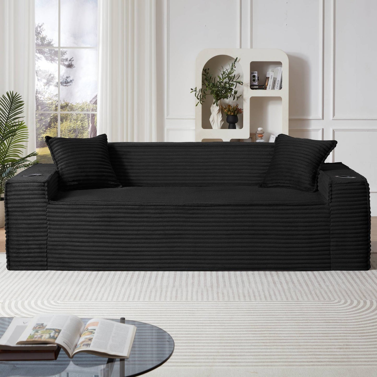 Corduroy Compression Sofa — 1/2/3-Seat — Black / 3-Seat