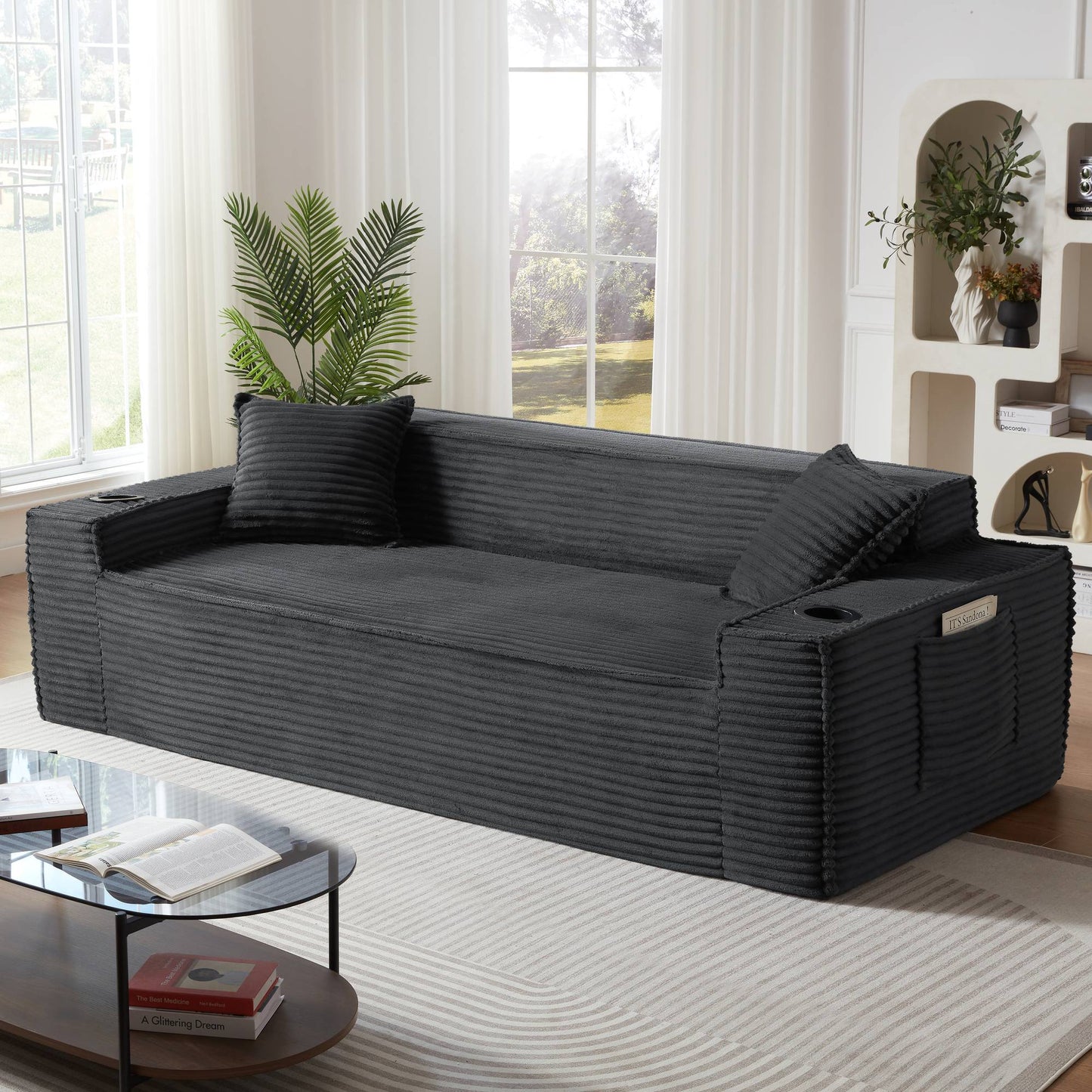 Corduroy Compression Sofa — 1/2/3-Seat — Dark Gray / 3-Seat