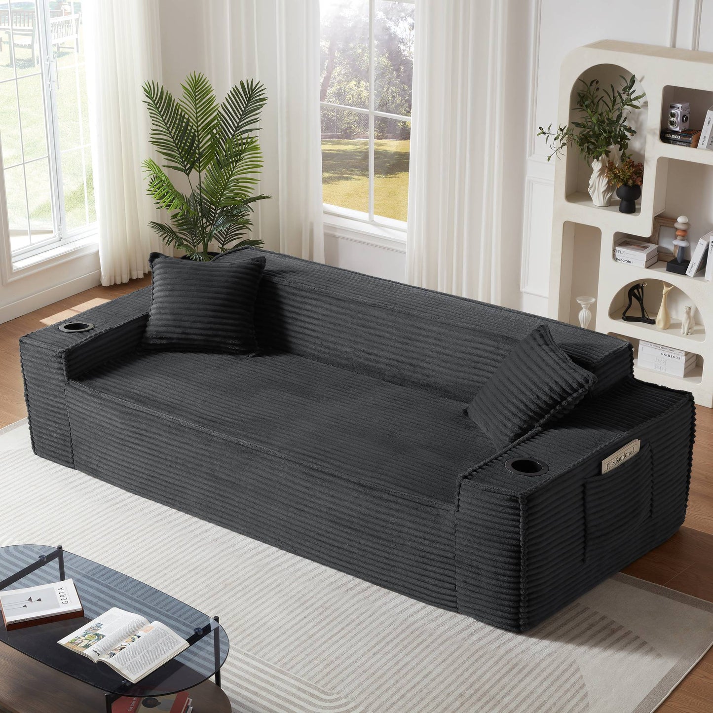 Corduroy Compression Sofa — 1/2/3-Seat — Dark Gray / 3-Seat