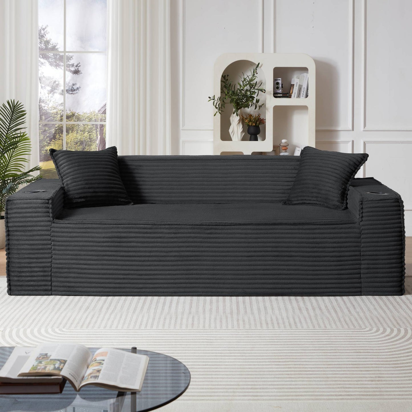 Corduroy Compression Sofa — 1/2/3-Seat — Dark Gray / 3-Seat