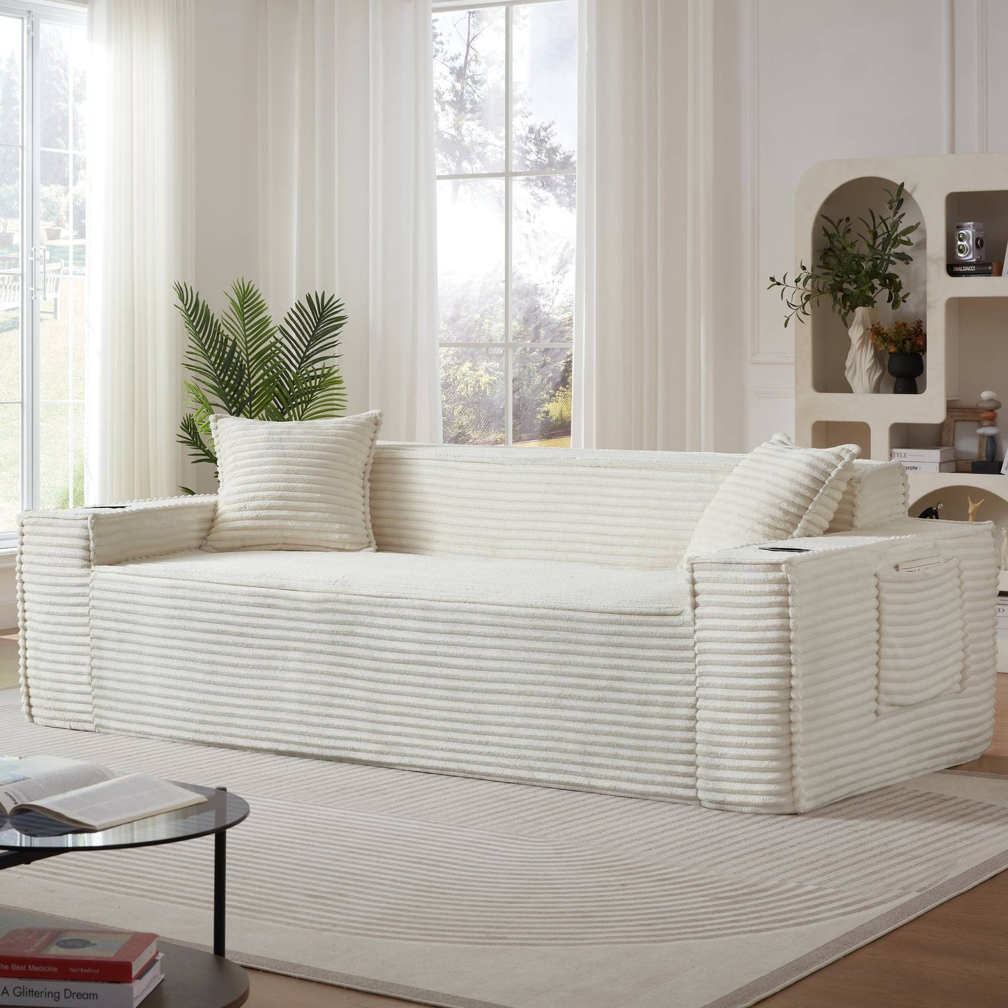 Corduroy Compression Sofa — 1/2/3-Seat — White / 3-Seat
