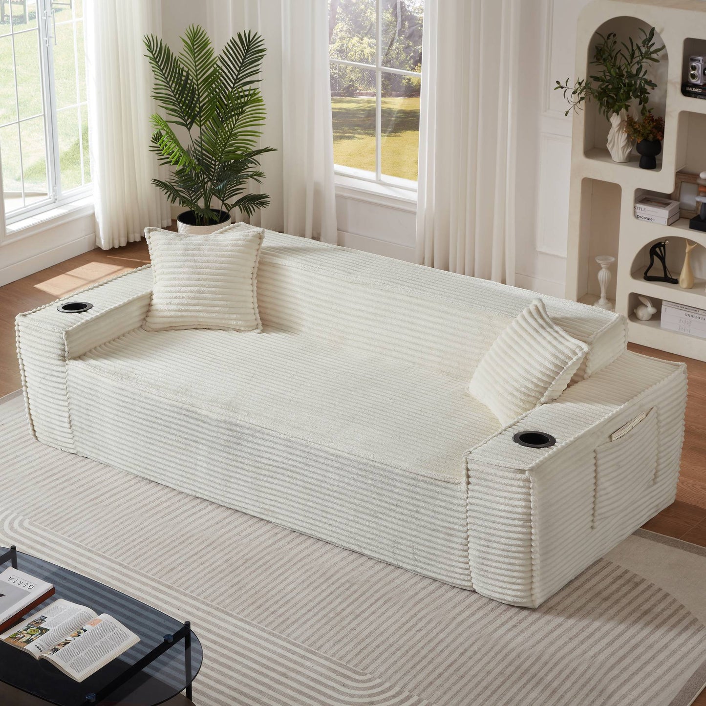 Corduroy Compression Sofa — 1/2/3-Seat — White / 3-Seat
