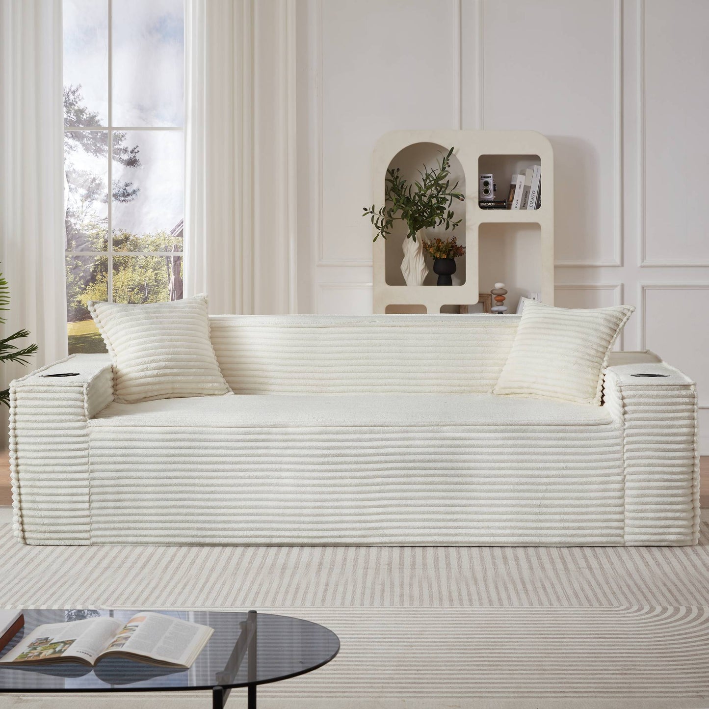 Corduroy Compression Sofa — 1/2/3-Seat — White / 3-Seat